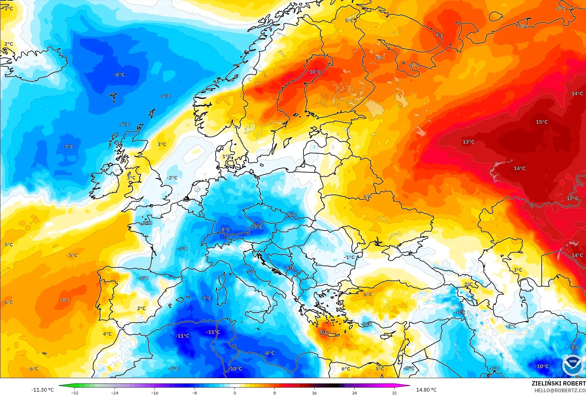 GFS modelo - Europa, Anomalía de temperatura a 850 hPa