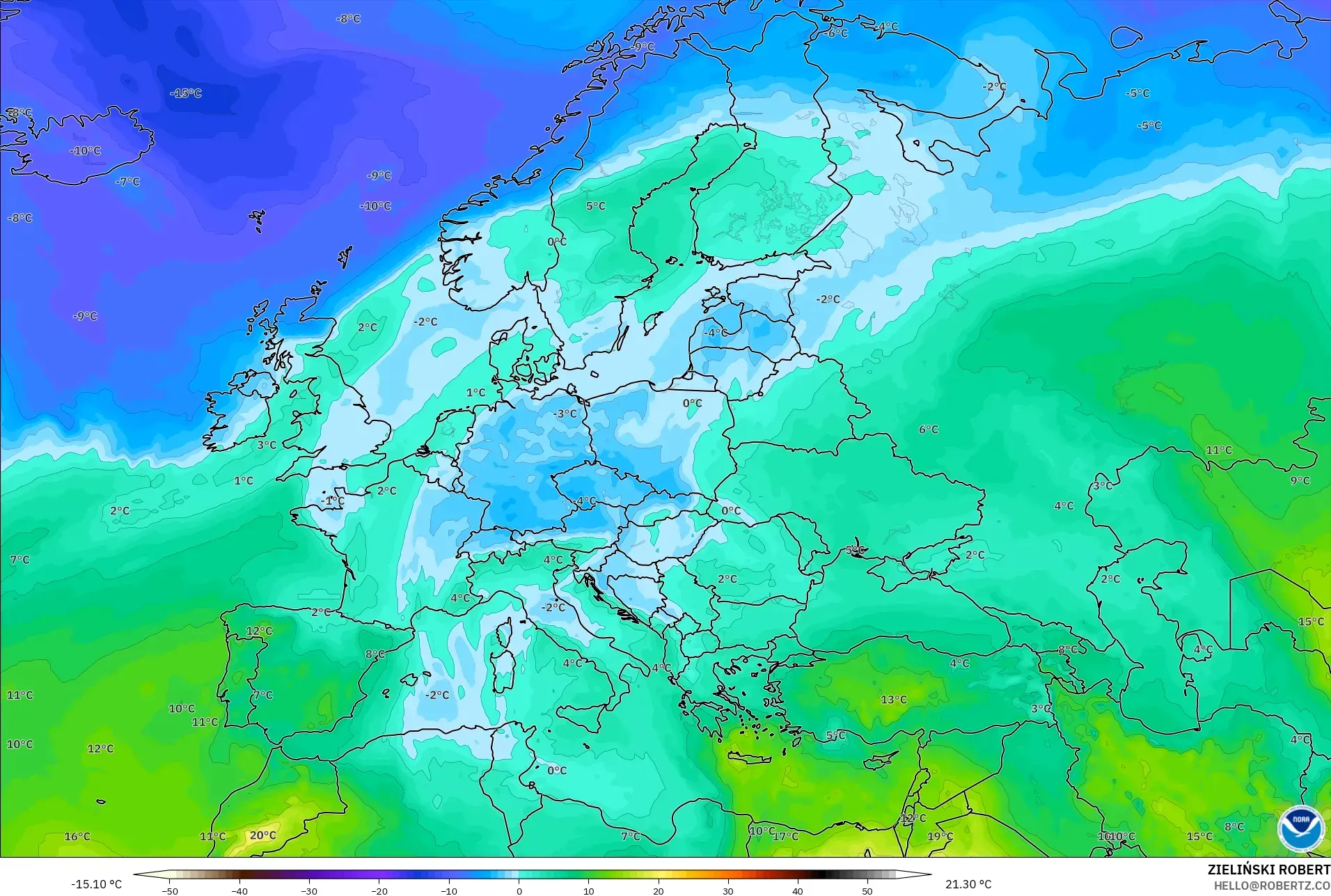GFS modelo - Europa, Temperatura a 850 hPa