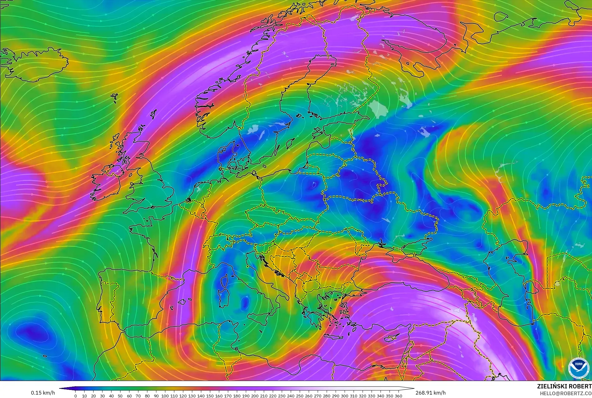 GFS modelo - Europa, Viento a 300 hPa (corriente en chorro)