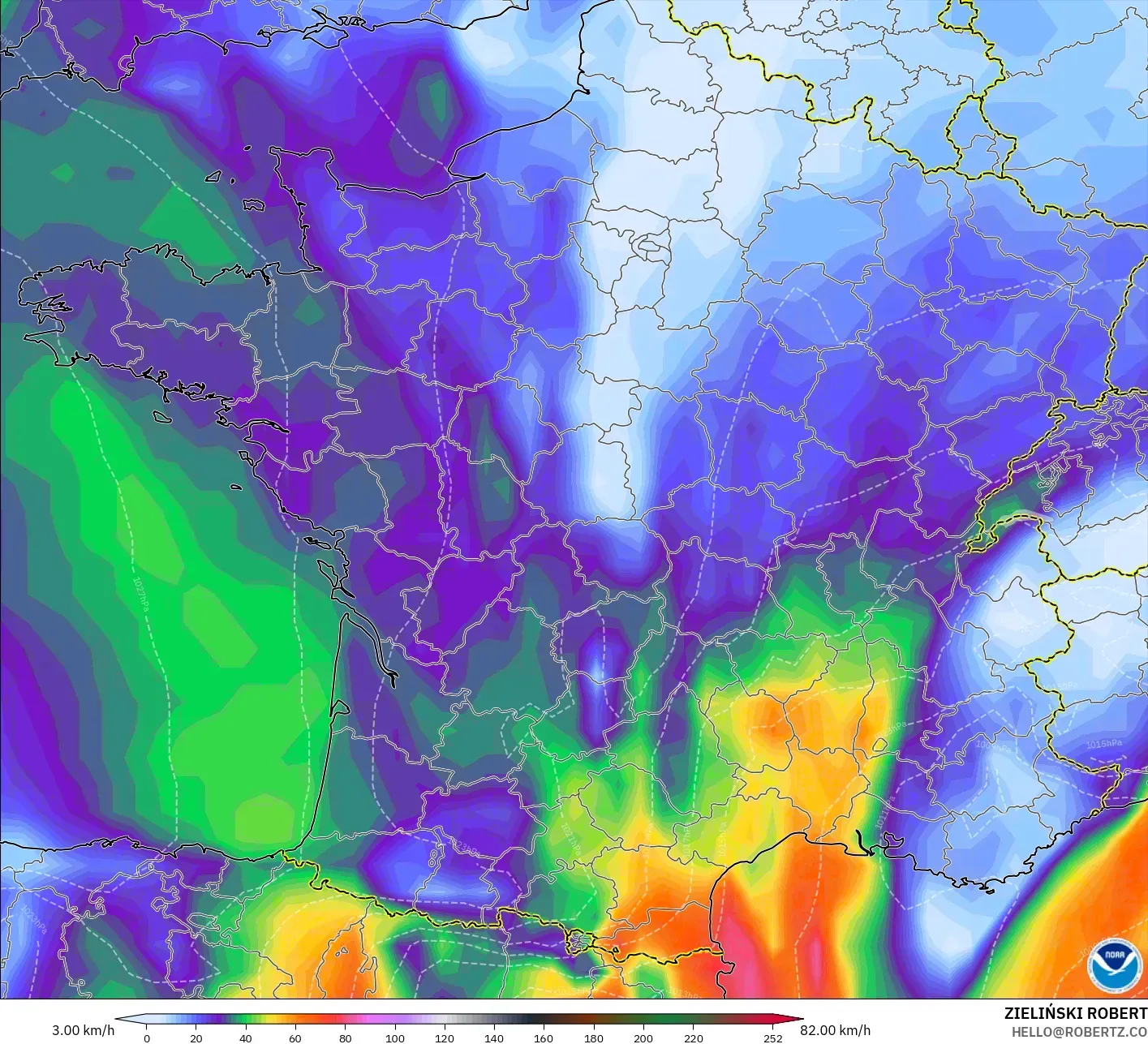 GFS modelo - Francia, Ráfagas de Viento Máximas