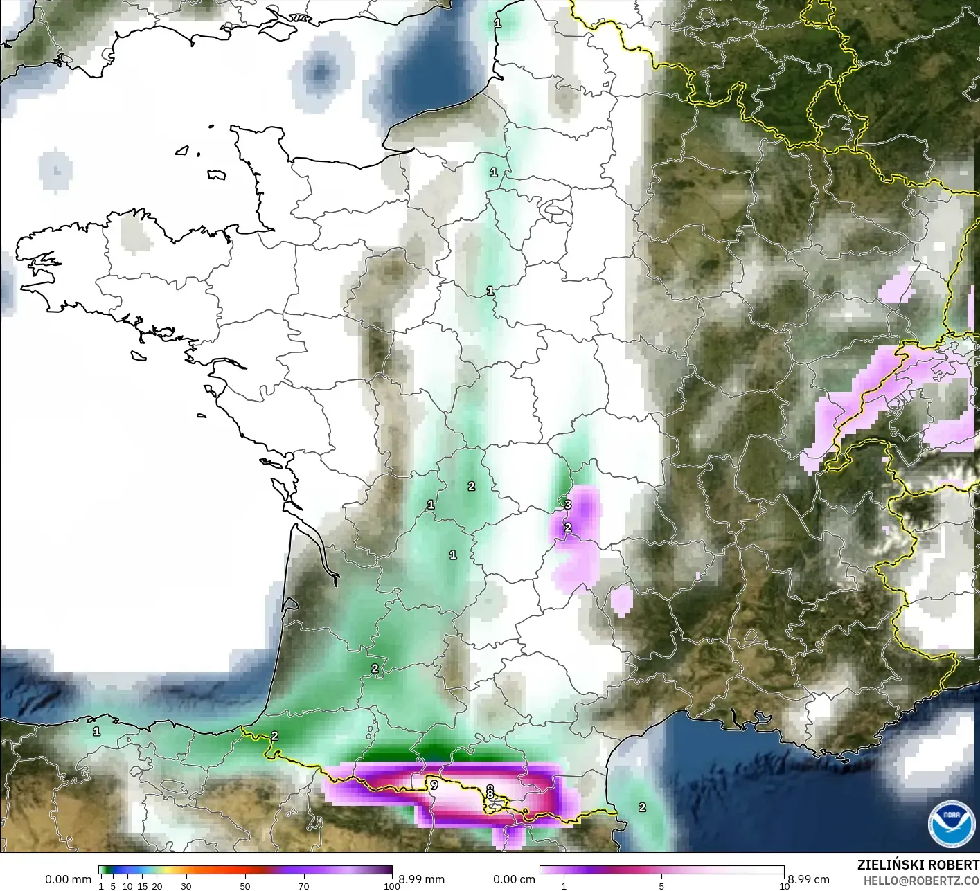 GFS modelo - Francia, Precipitación, nubes y presión