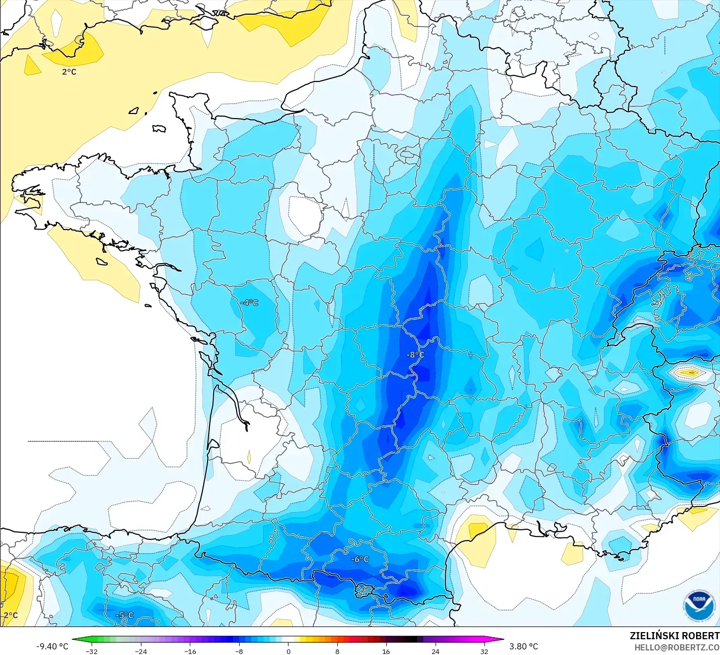 GFS modelo - Francia, Anomalía de temperatura a 2 m