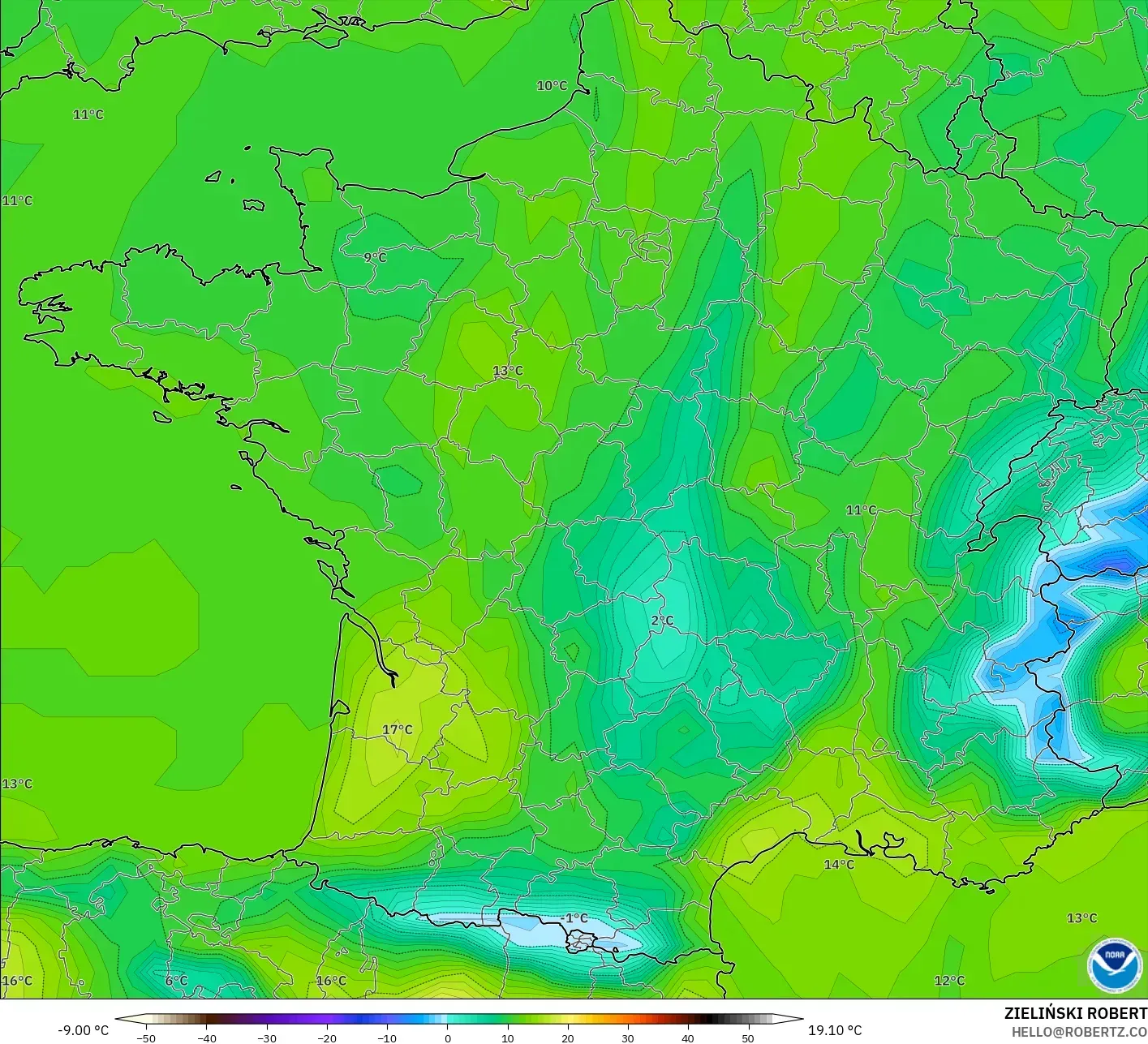 GFS modelo - Francia, Temperatura a 2 m