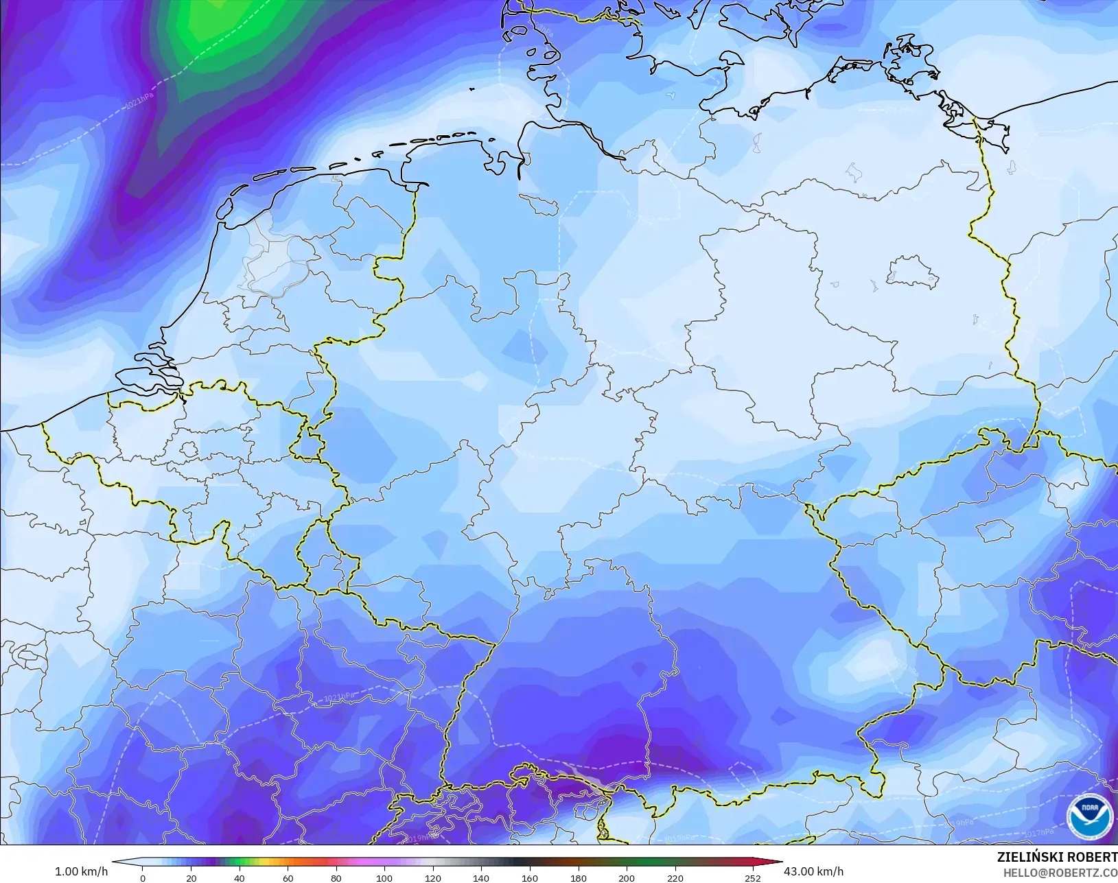 GFS modelo - Alemania, Ráfagas de Viento Máximas