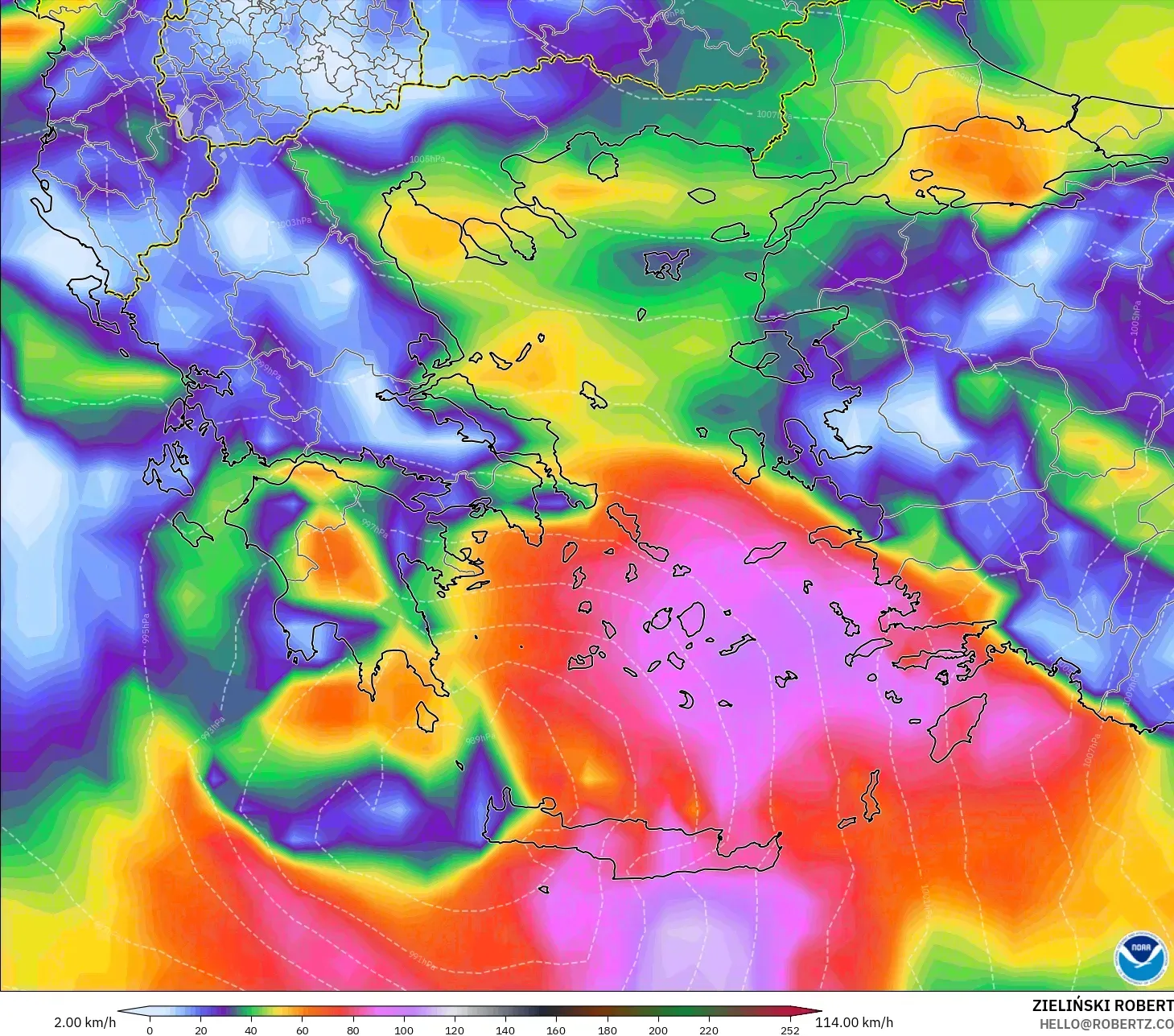 GFS modelo - Grecia, Ráfagas de Viento Máximas