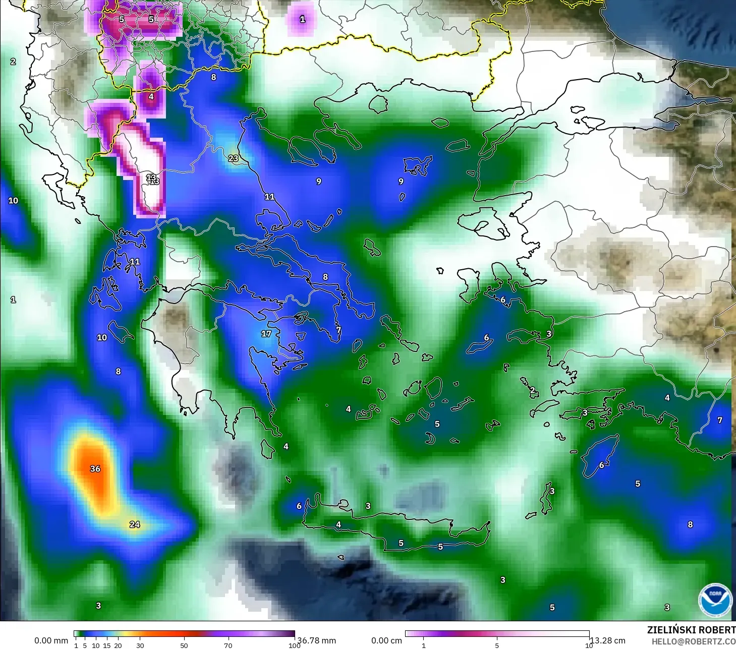 GFS modelo - Grecia, Precipitación, nubes y presión