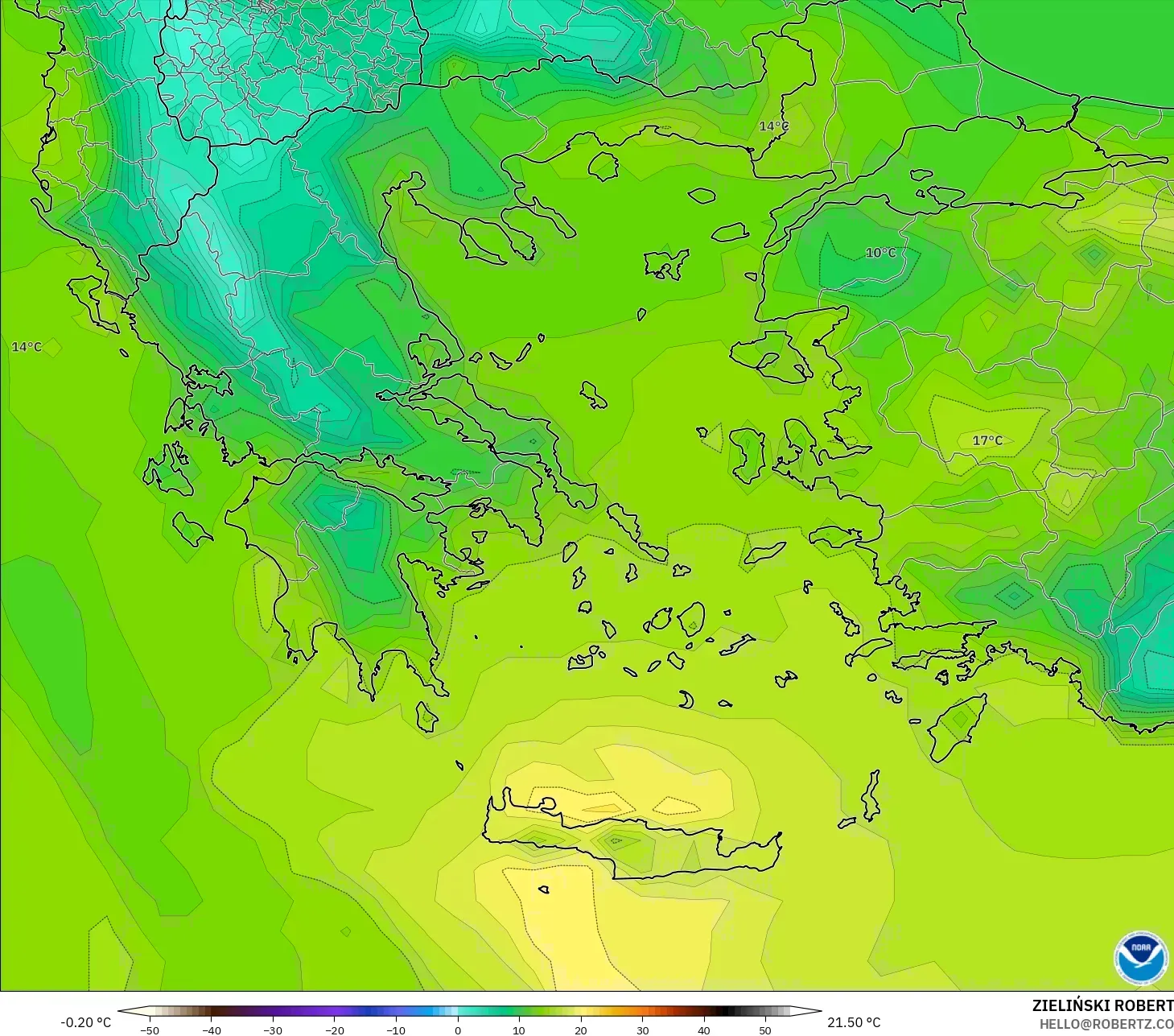 GFS modelo - Grecia, Temperatura a 2 m