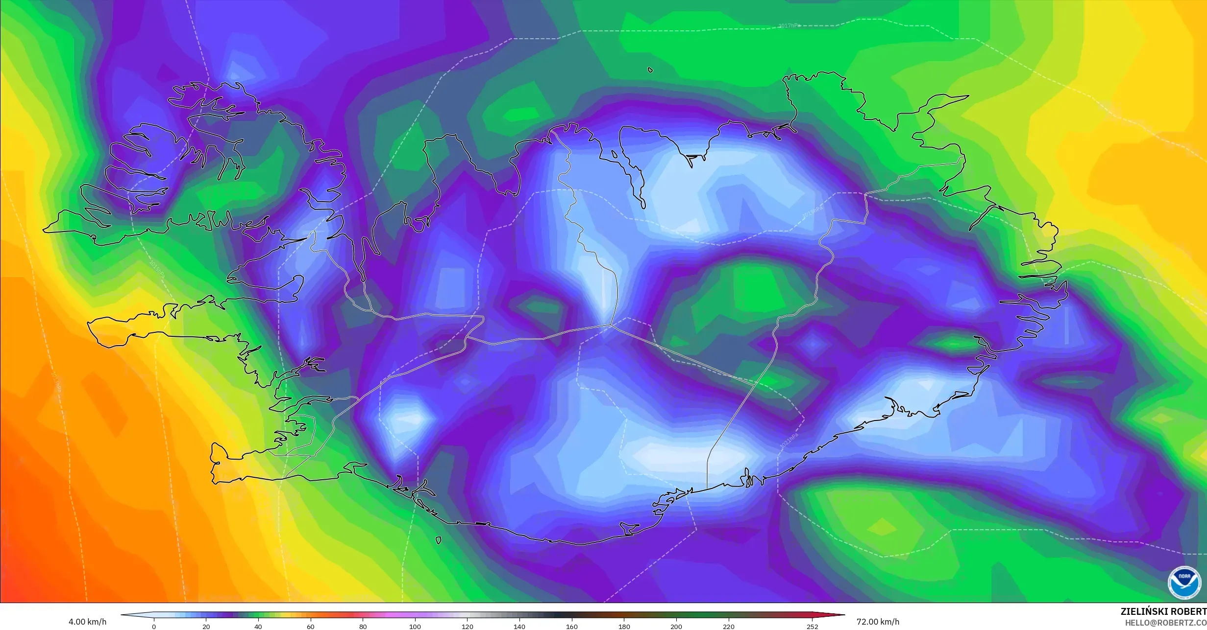 GFS modelo - Islandia, Ráfagas de Viento Máximas