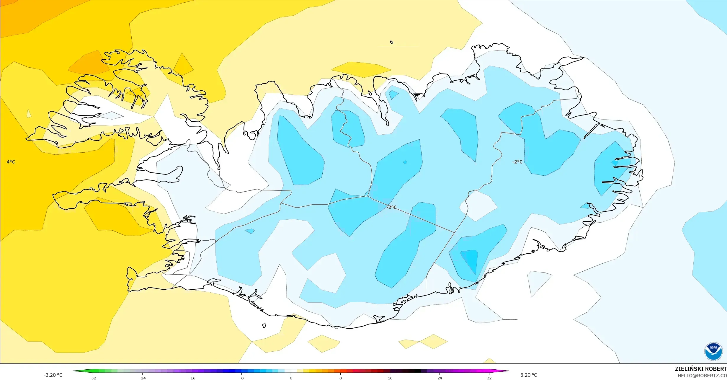 GFS modelo - Islandia, Anomalía de temperatura a 2 m