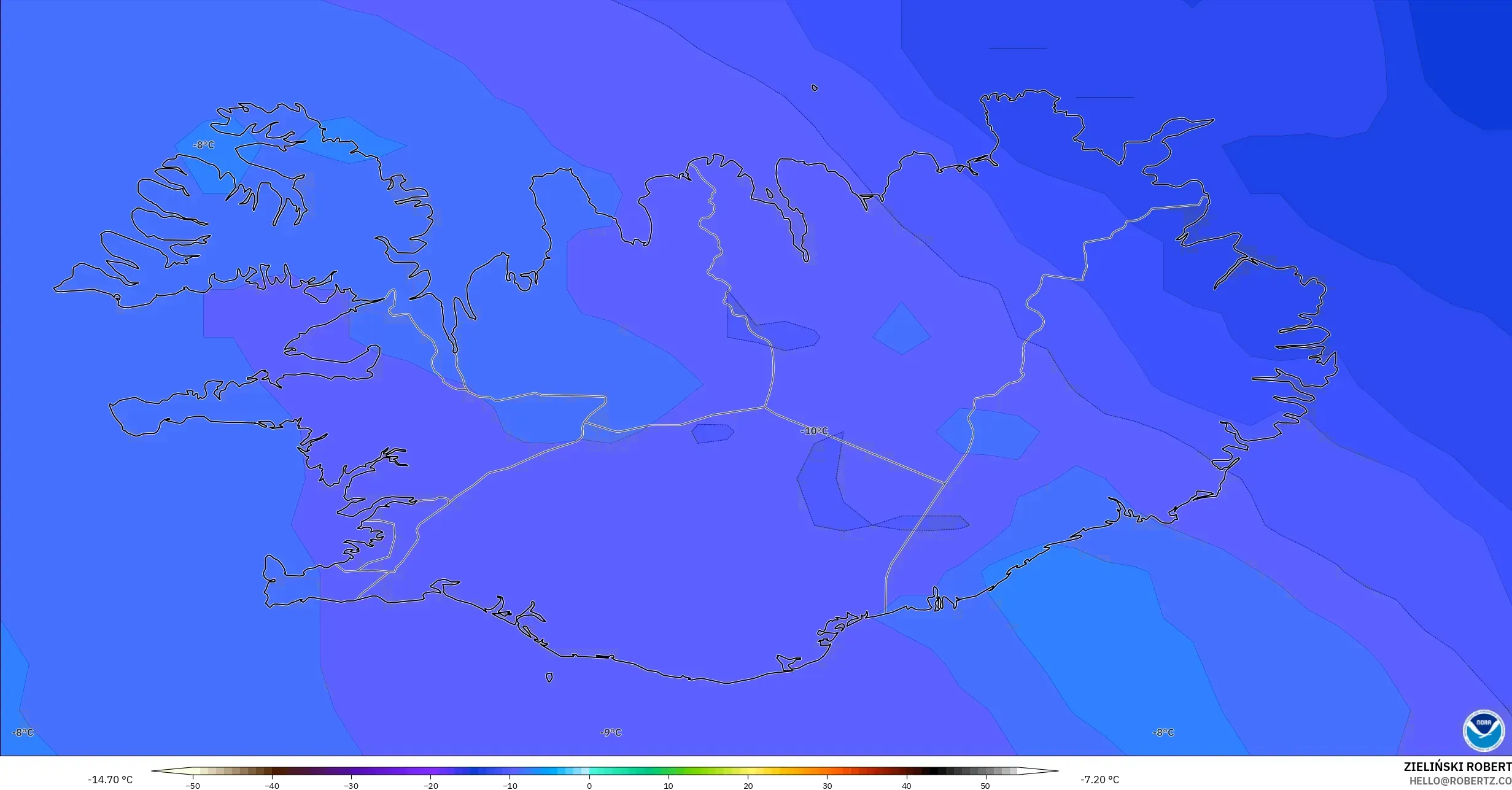 GFS modelo - Islandia, Temperatura a 850 hPa