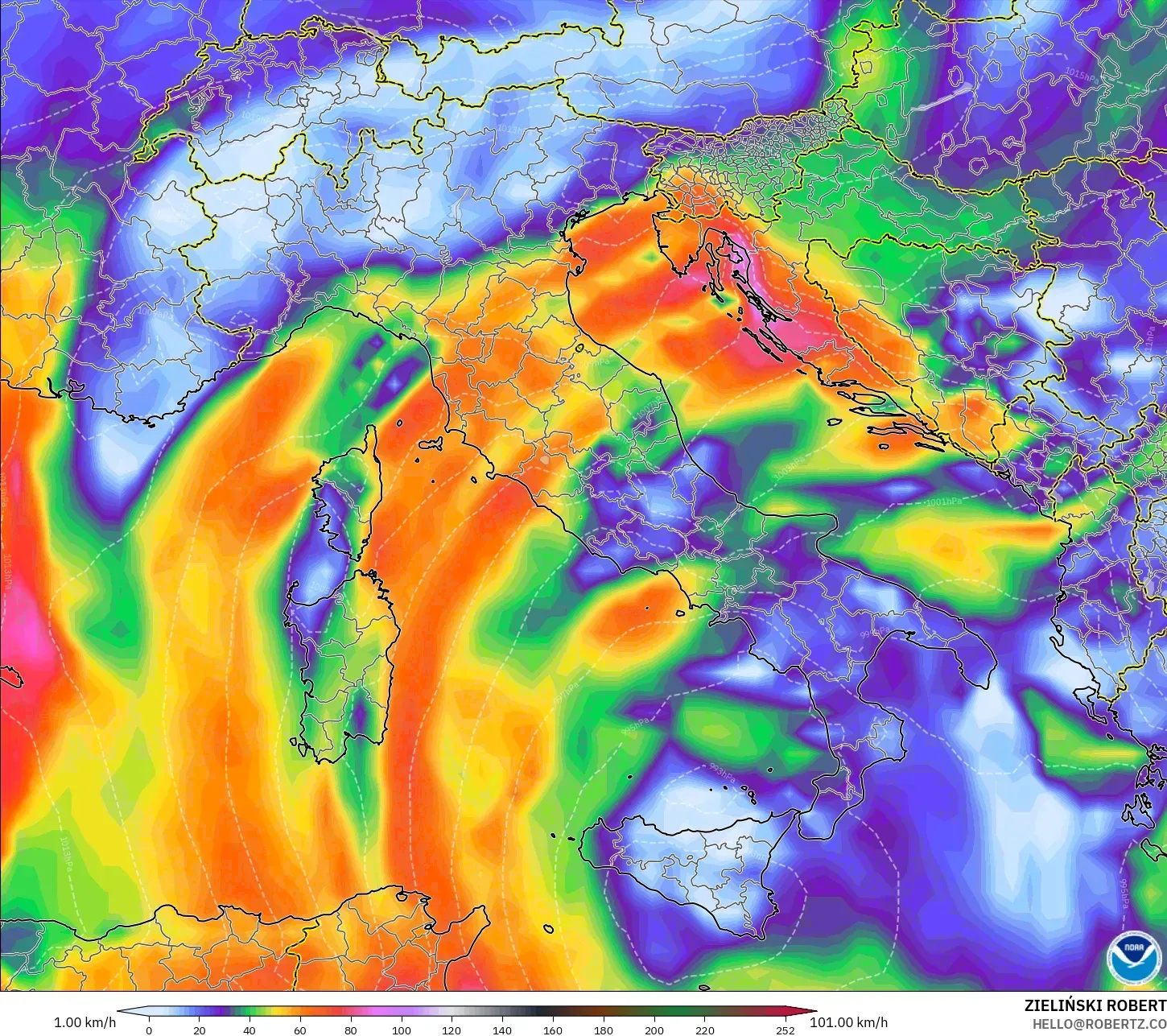 GFS modelo - Italia, Ráfagas de Viento Máximas