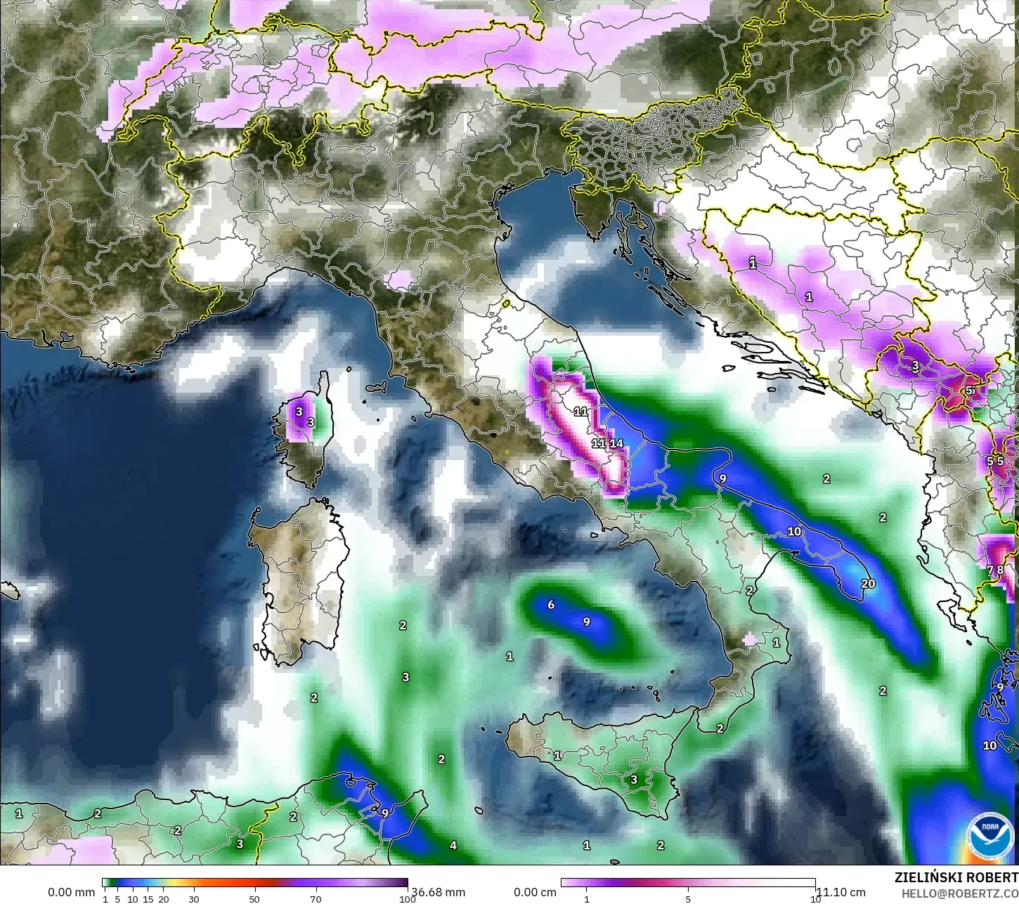 GFS modelo - Italia, Precipitación, nubes y presión