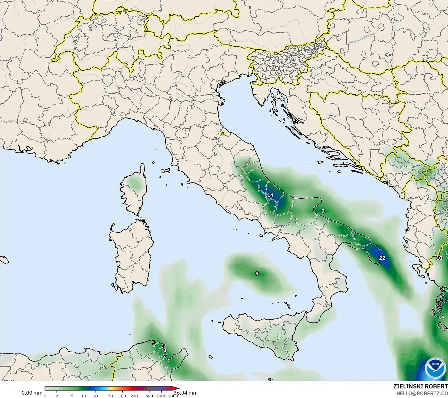 GFS modelo - Italia, Acumulación de precipitación