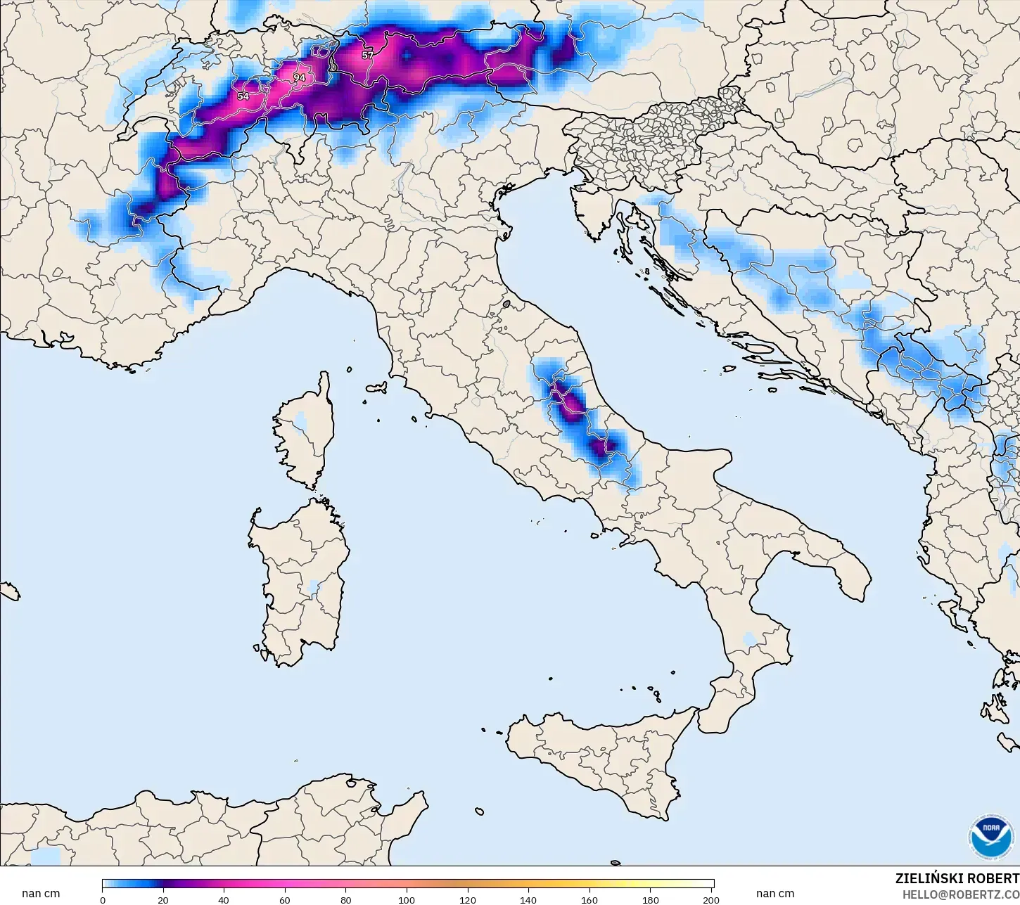 GFS modelo - Italia, Profundidad de nieve
