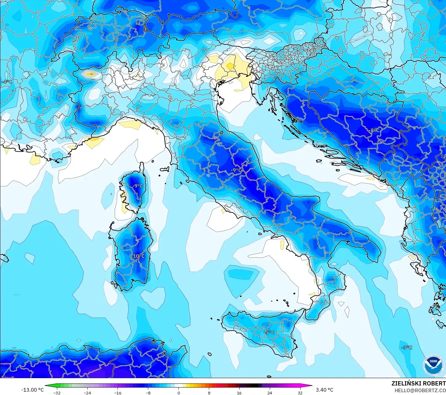 GFS modelo - Italia, Anomalía de temperatura a 2 m