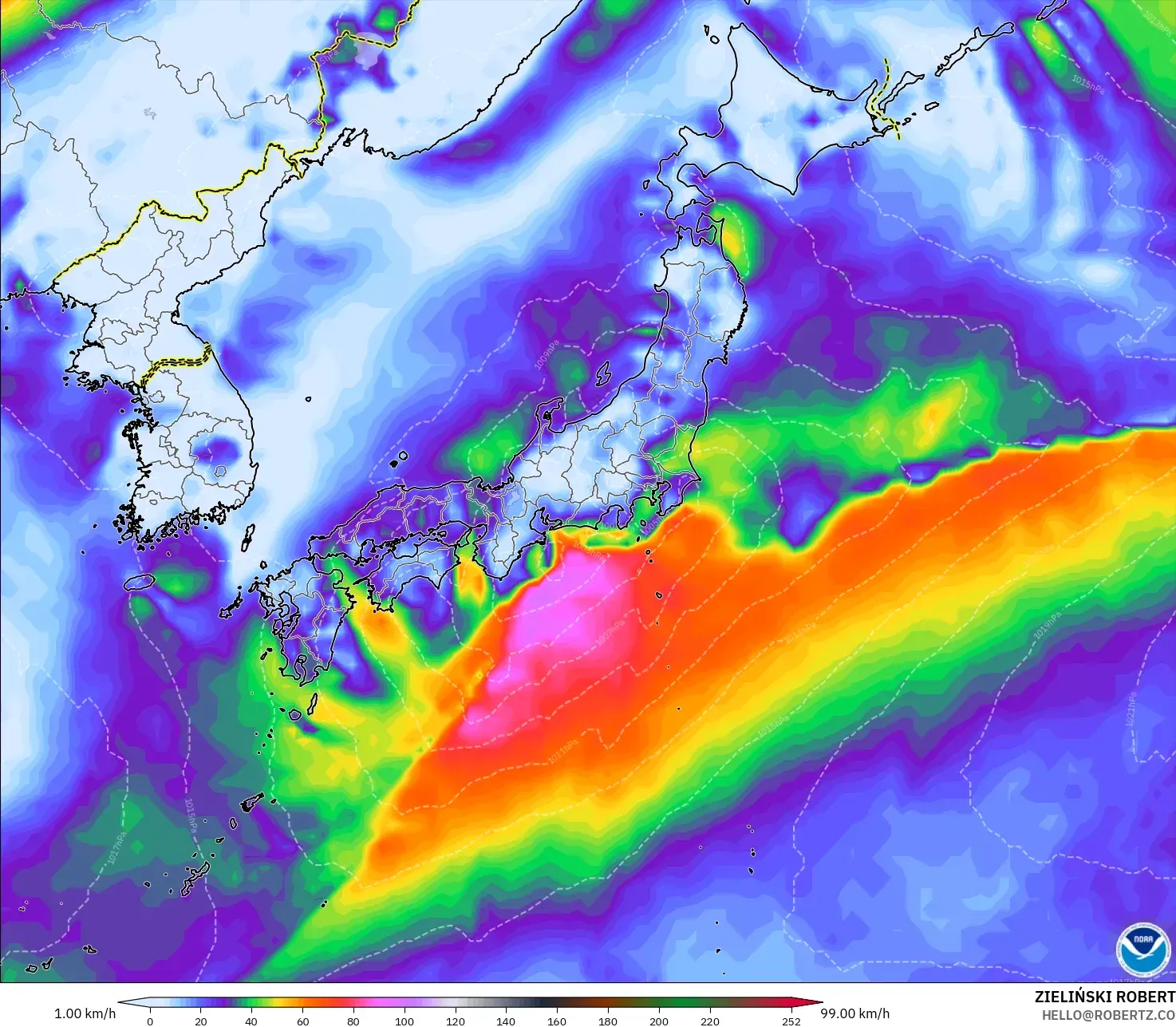 GFS modelo - Japón, Ráfagas de Viento Máximas