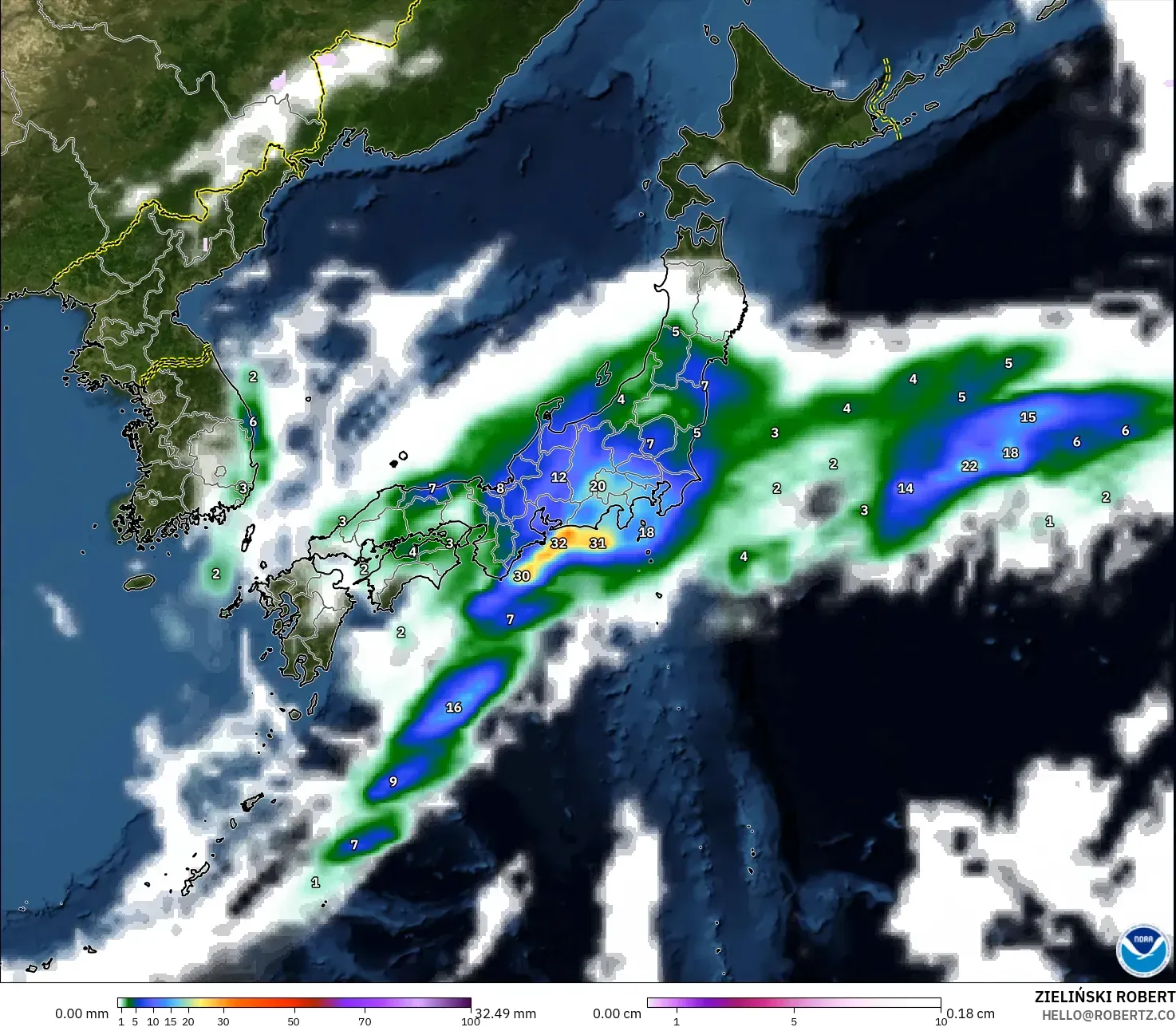 GFS modelo - Japón, Precipitación, nubes y presión