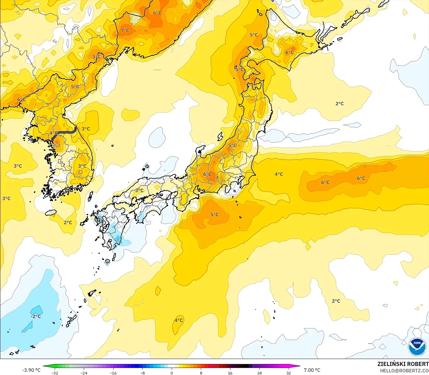 GFS modelo - Japón, Anomalía de temperatura a 2 m