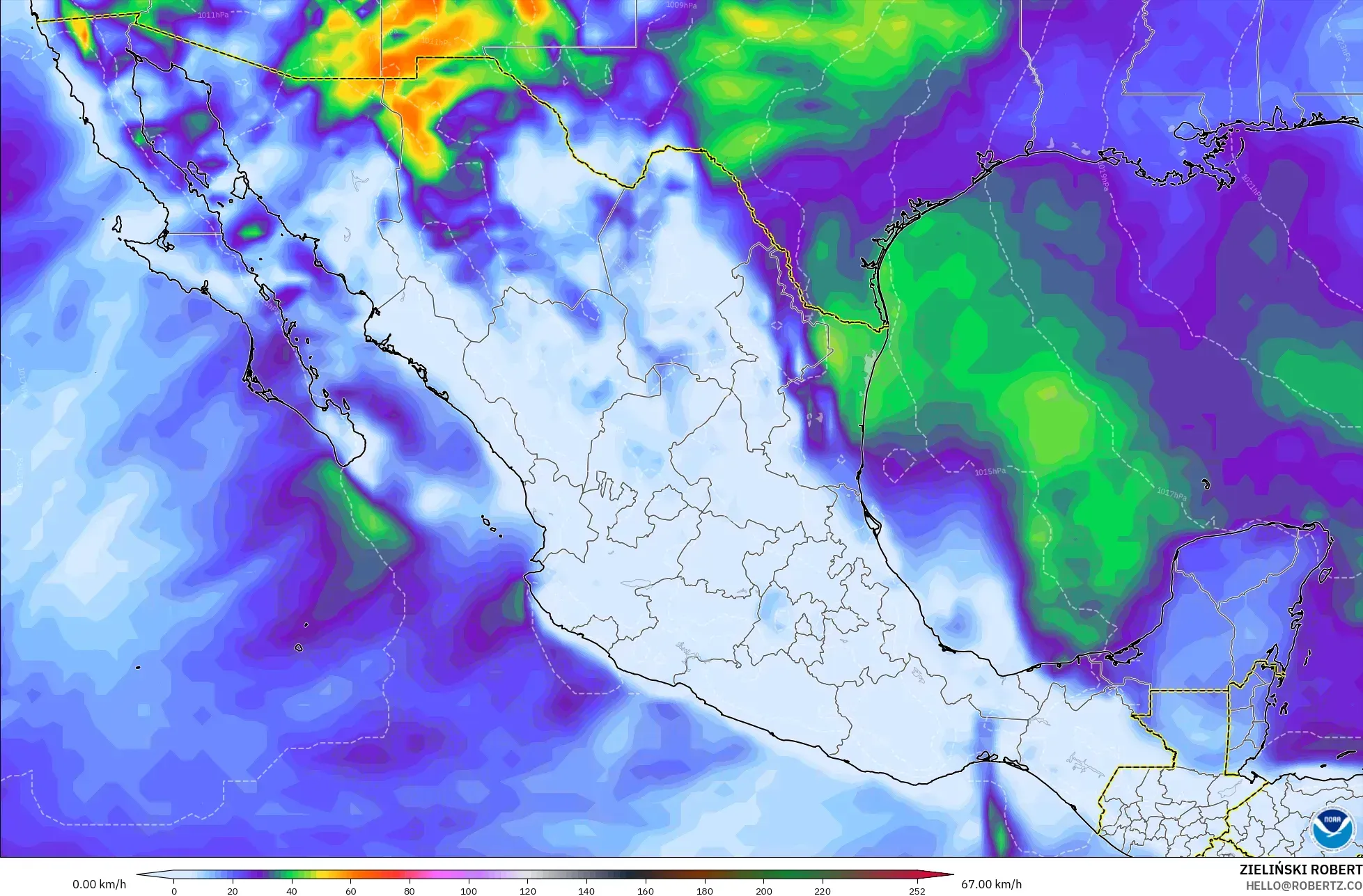 GFS modelo - México, Ráfagas de Viento Máximas