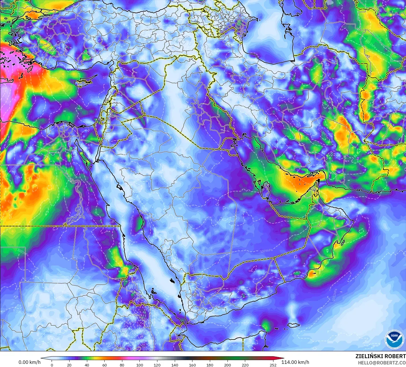 GFS modelo - Oriente Medio, Ráfagas de Viento Máximas