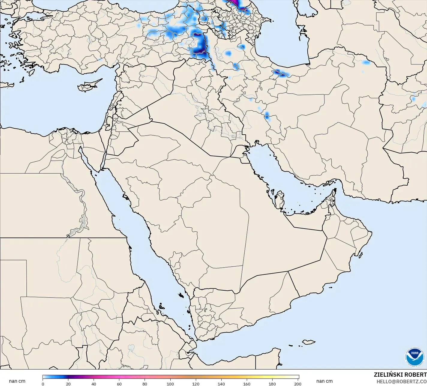 GFS modelo - Oriente Medio, Profundidad de nieve