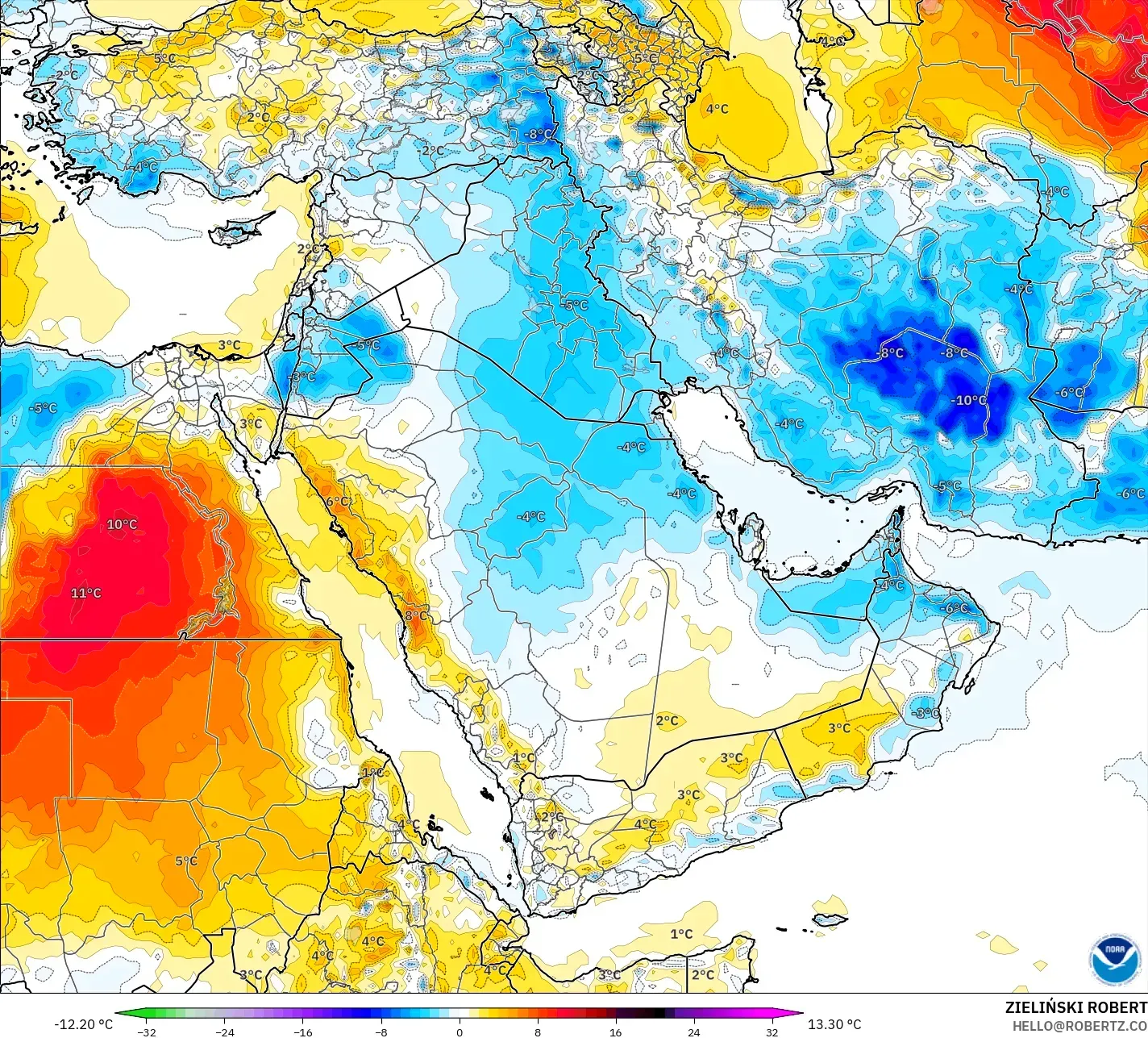 GFS modelo - Oriente Medio, Anomalía de temperatura a 2 m