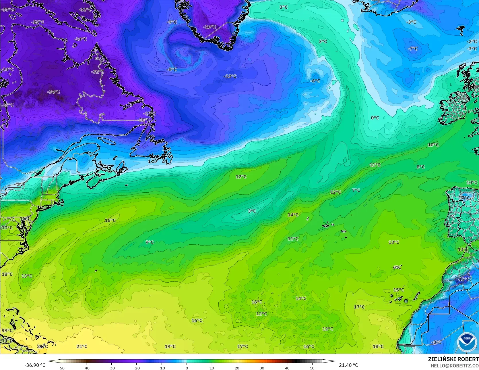 GFS modelo - Norte Atlántico, Punto de rocío a 2 m