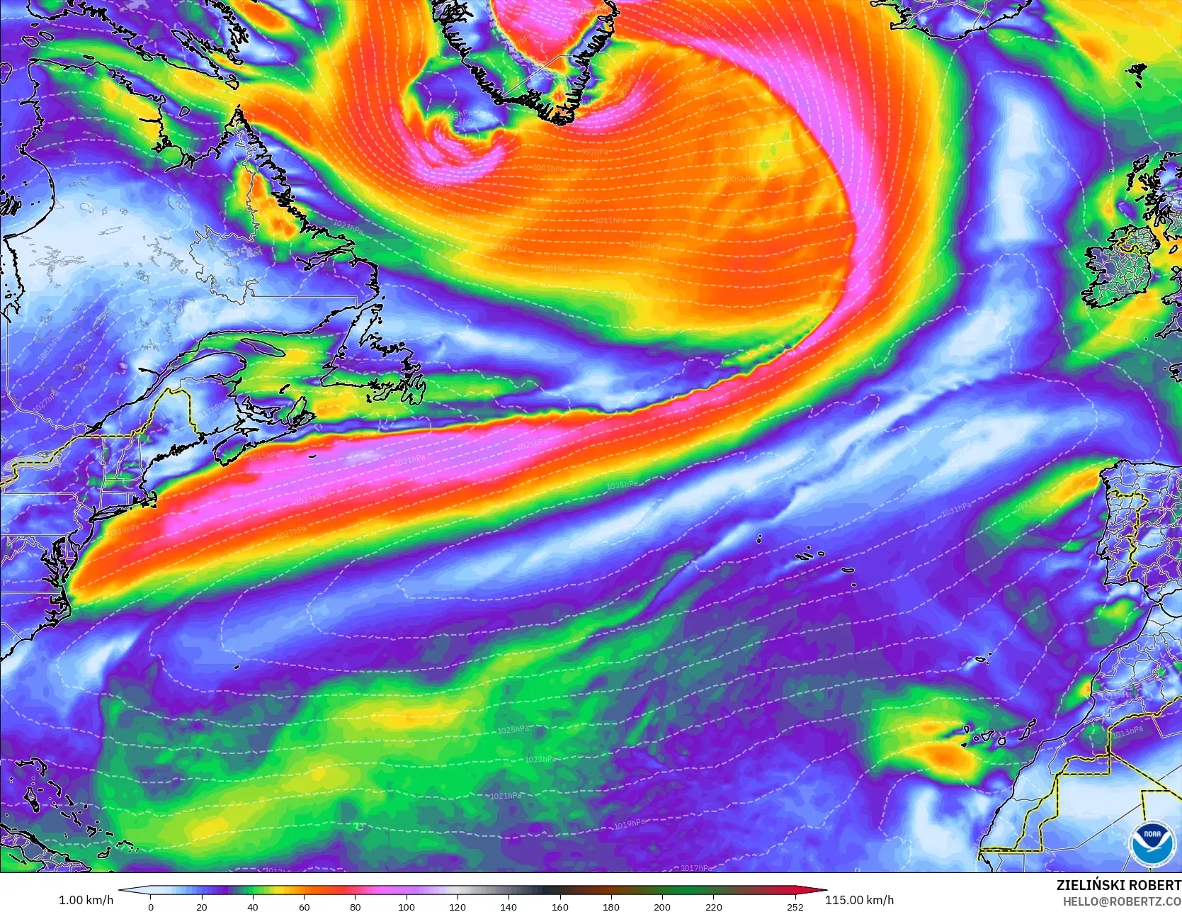 GFS modelo - Norte Atlántico, Ráfagas de Viento Máximas