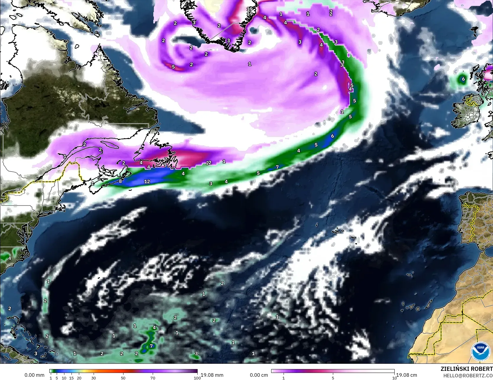 GFS modelo - Norte Atlántico, Precipitación, nubes y presión