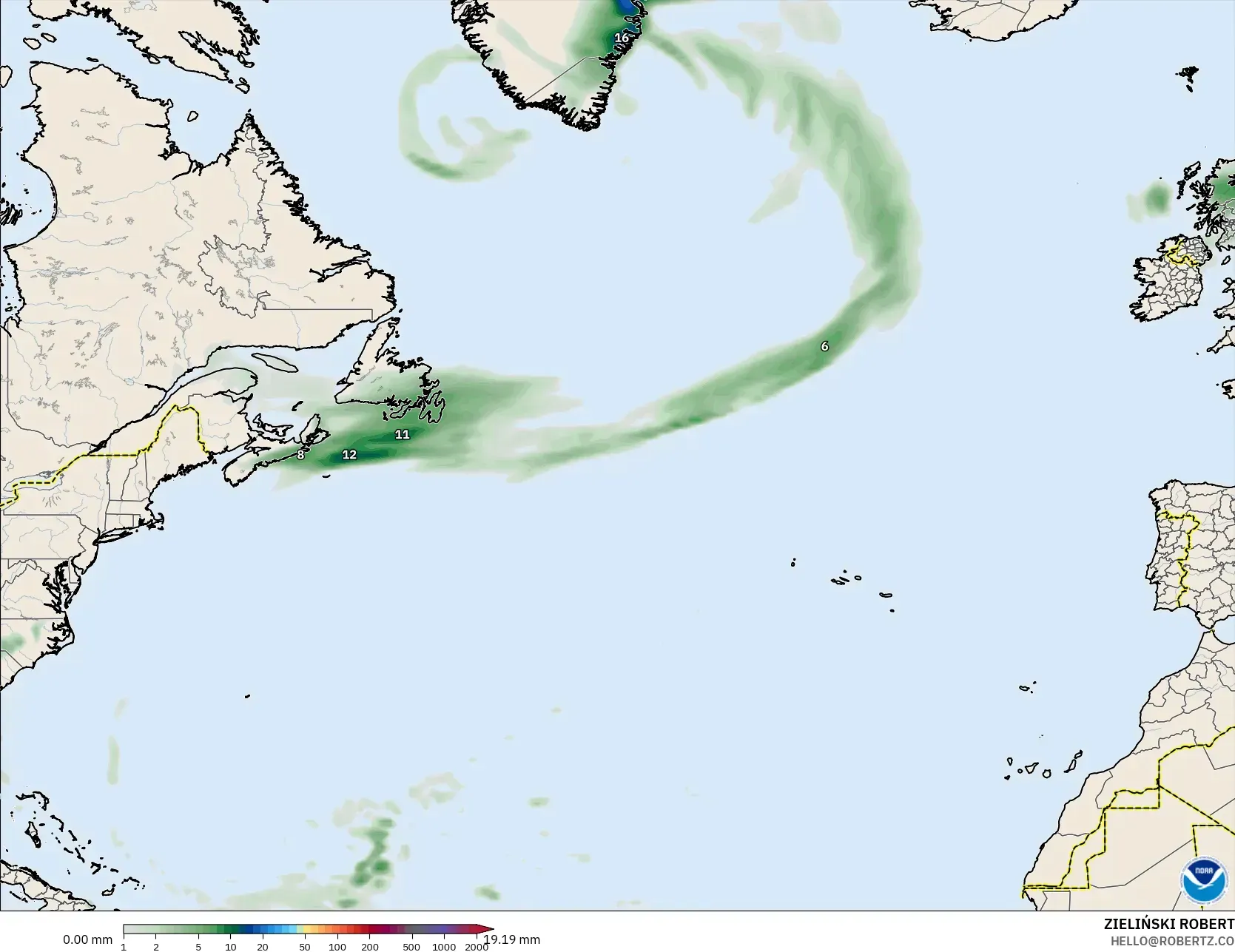 GFS modelo - Norte Atlántico, Acumulación de precipitación