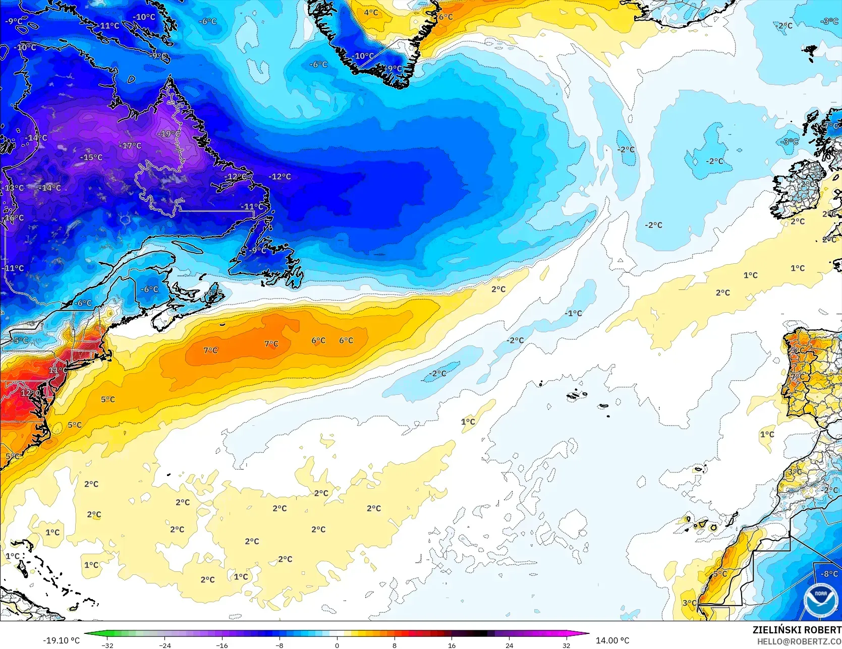 GFS modelo - Norte Atlántico, Anomalía de temperatura a 2 m