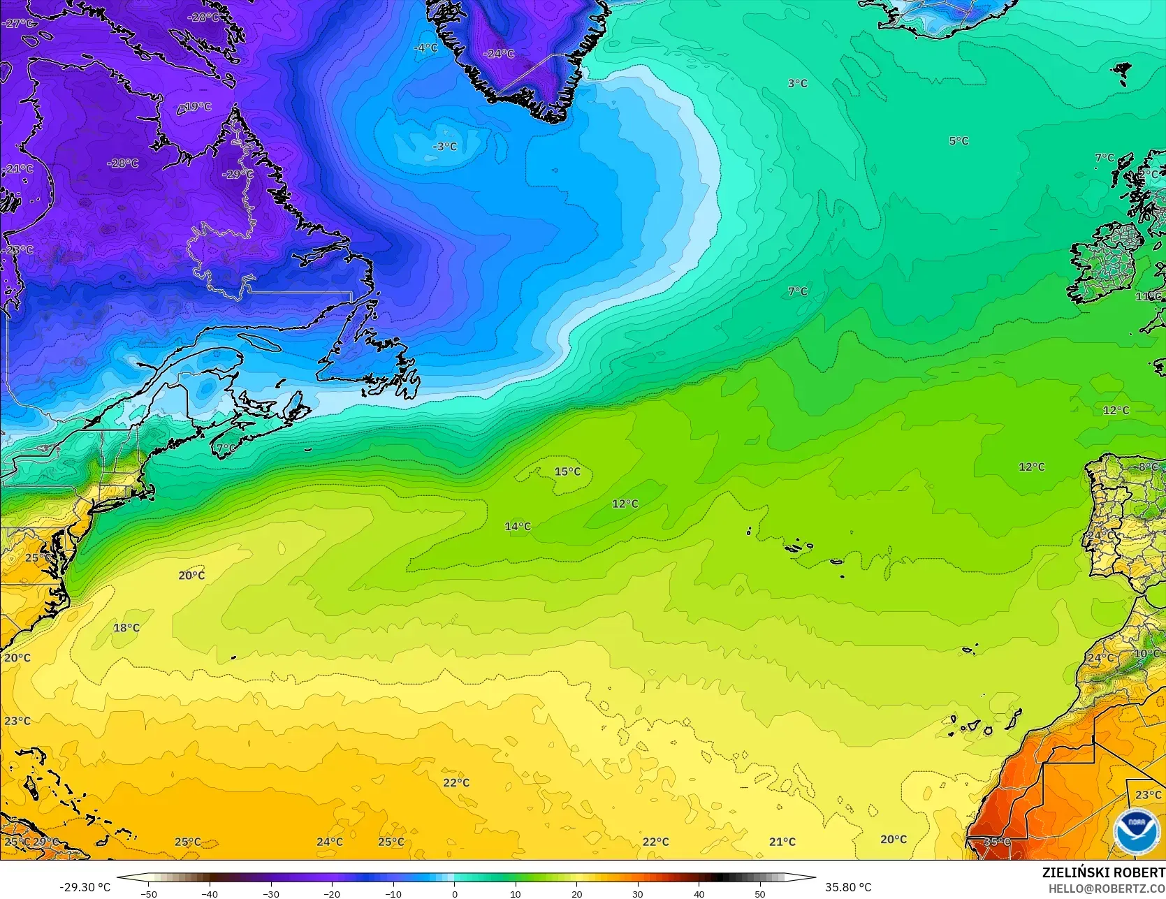 GFS modelo - Norte Atlántico, Temperatura a 2 m