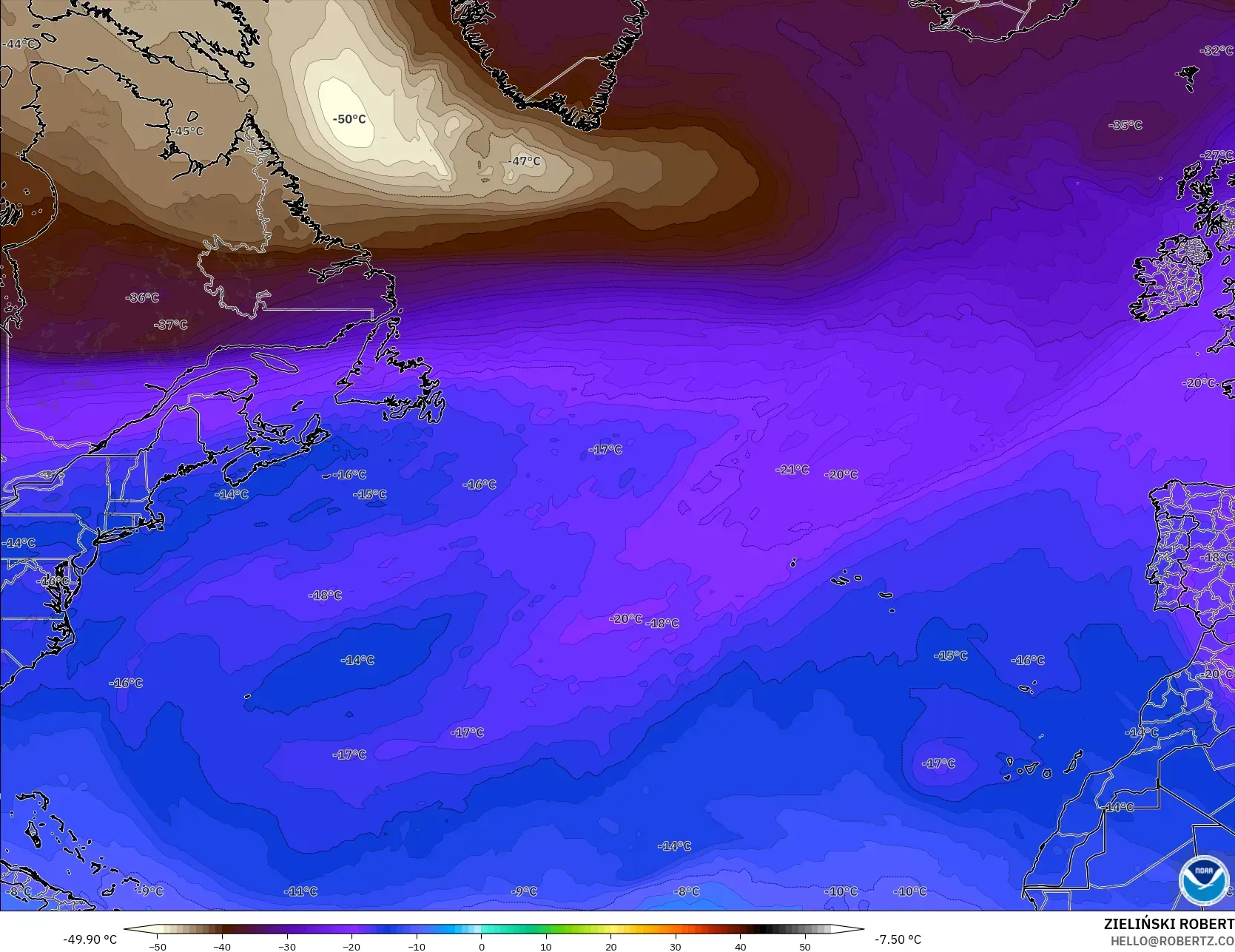 GFS modelo - Norte Atlántico, Temperatura a 500 hPa