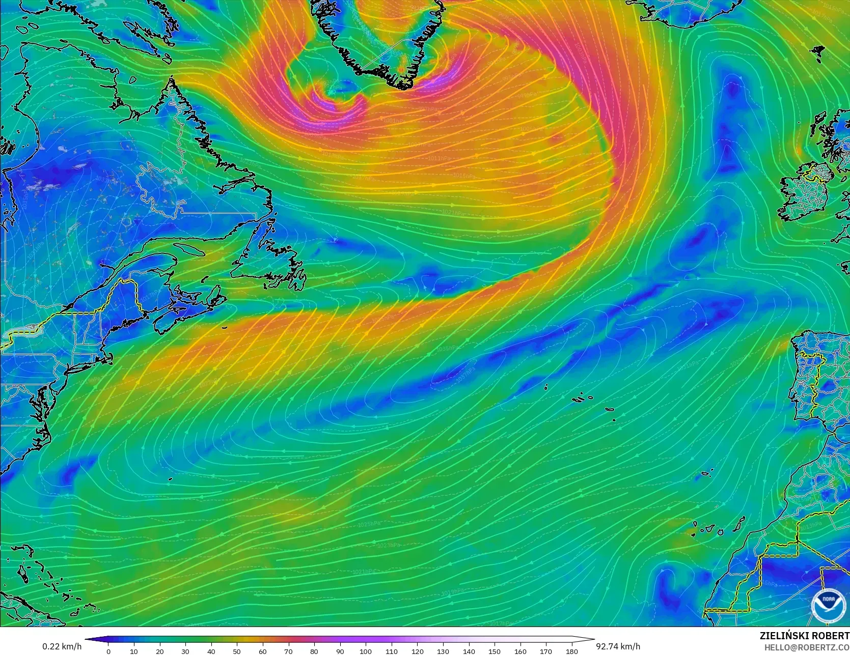 GFS modelo - Norte Atlántico, Viento a 10 m