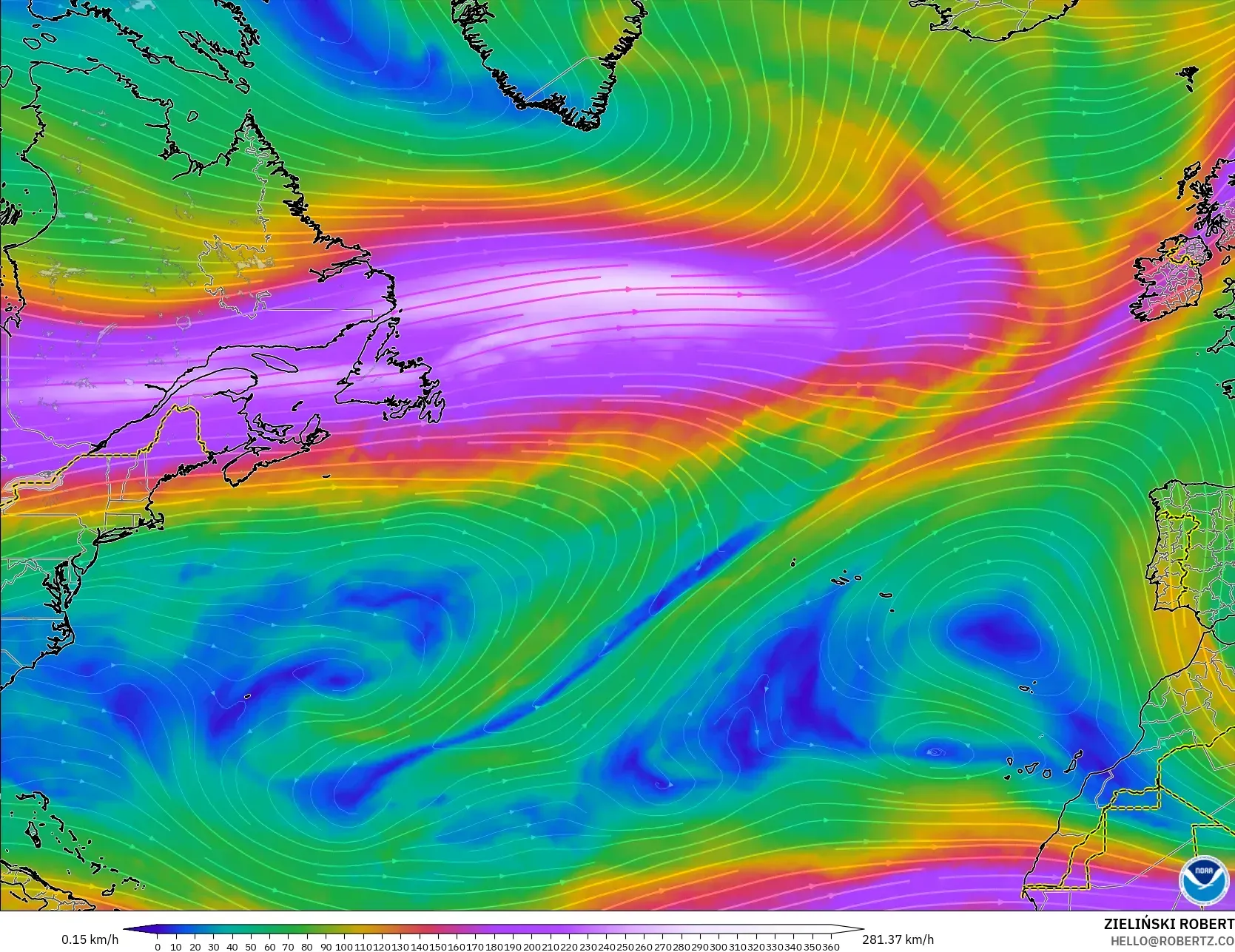 GFS modelo - Norte Atlántico, Viento a 300 hPa (corriente en chorro)
