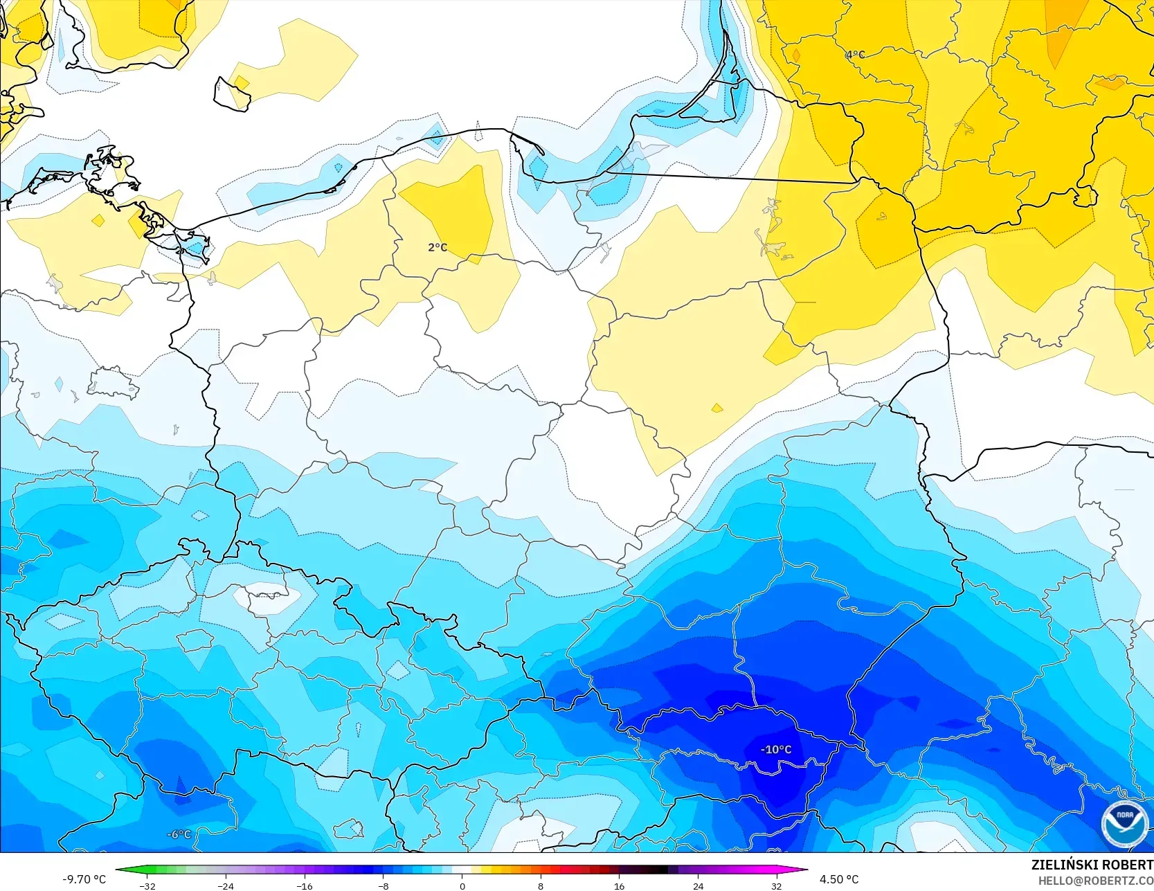 GFS modelo - Polonia, Anomalía de temperatura a 2 m