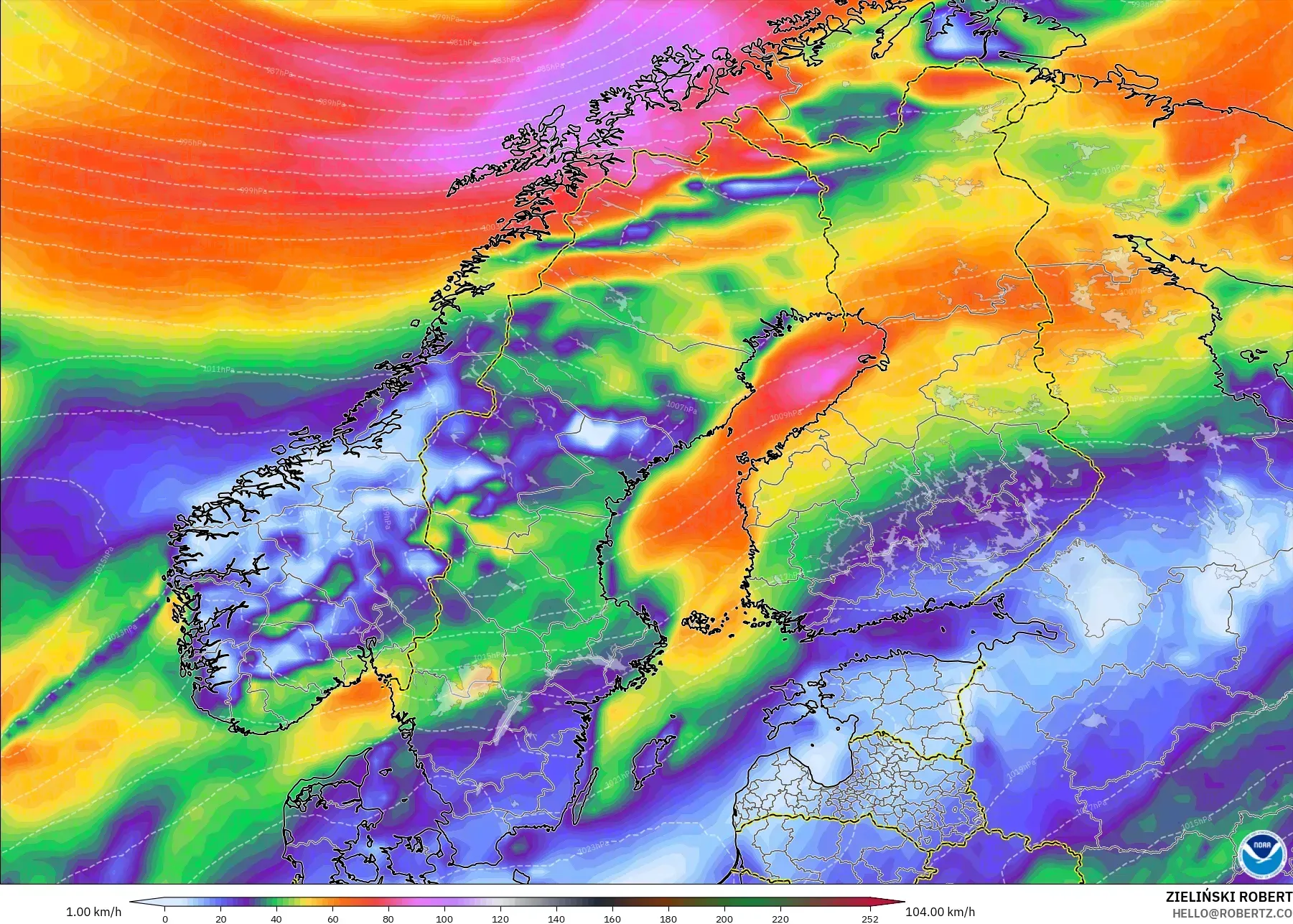 GFS modelo - Escandinavia, Ráfagas de Viento Máximas