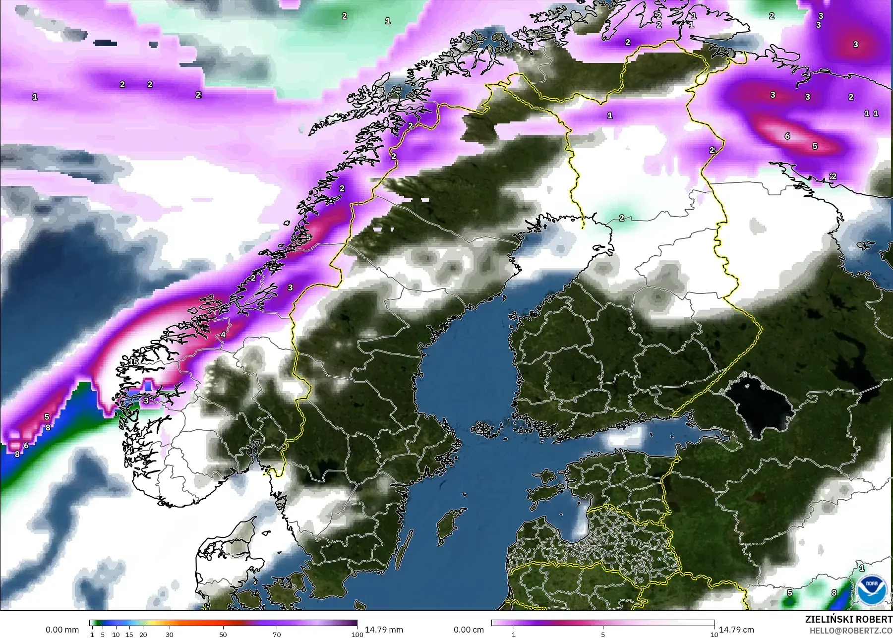GFS modelo - Escandinavia, Precipitación, nubes y presión
