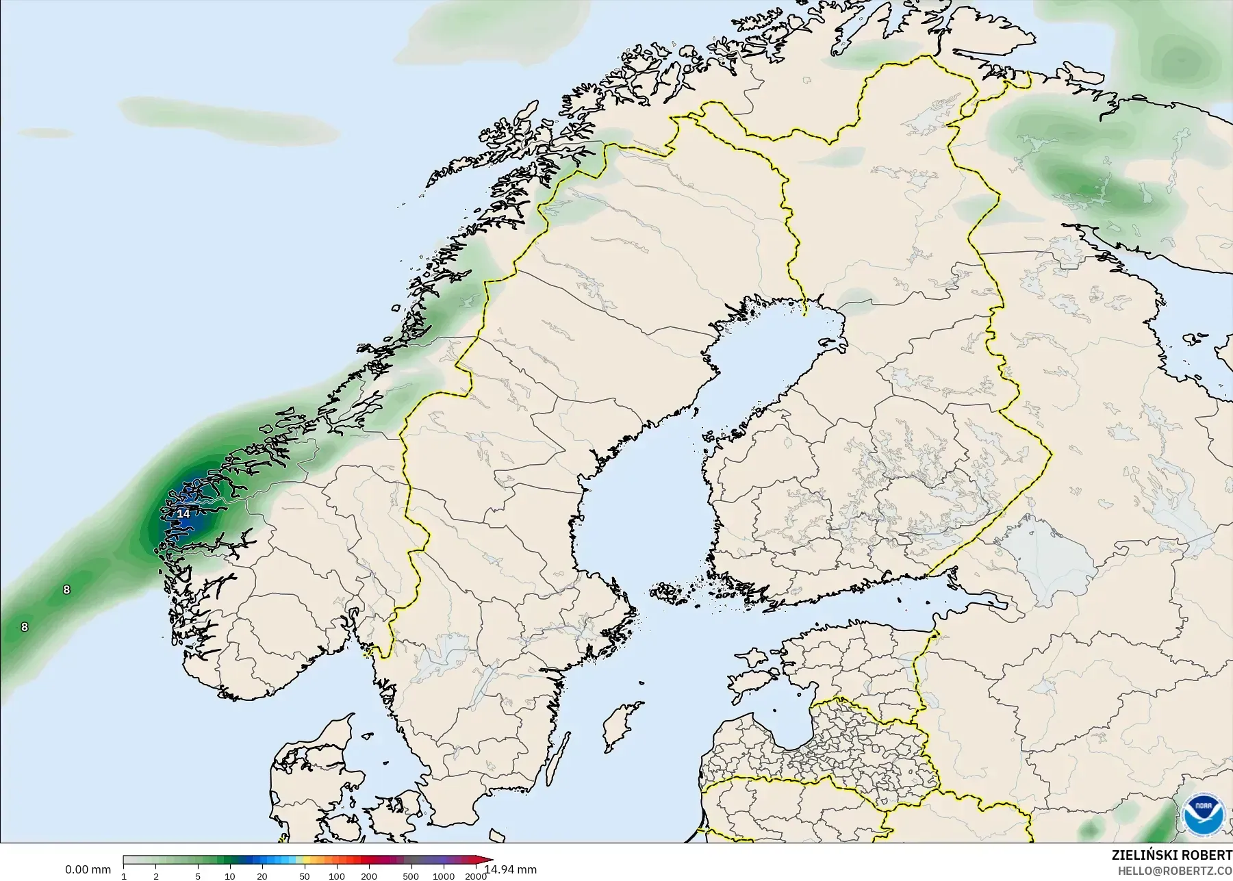 GFS modelo - Escandinavia, Acumulación de precipitación