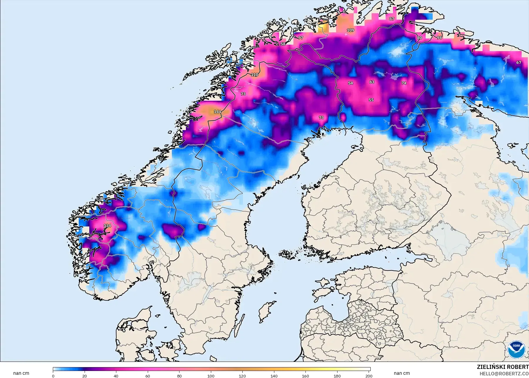 GFS modelo - Escandinavia, Profundidad de nieve