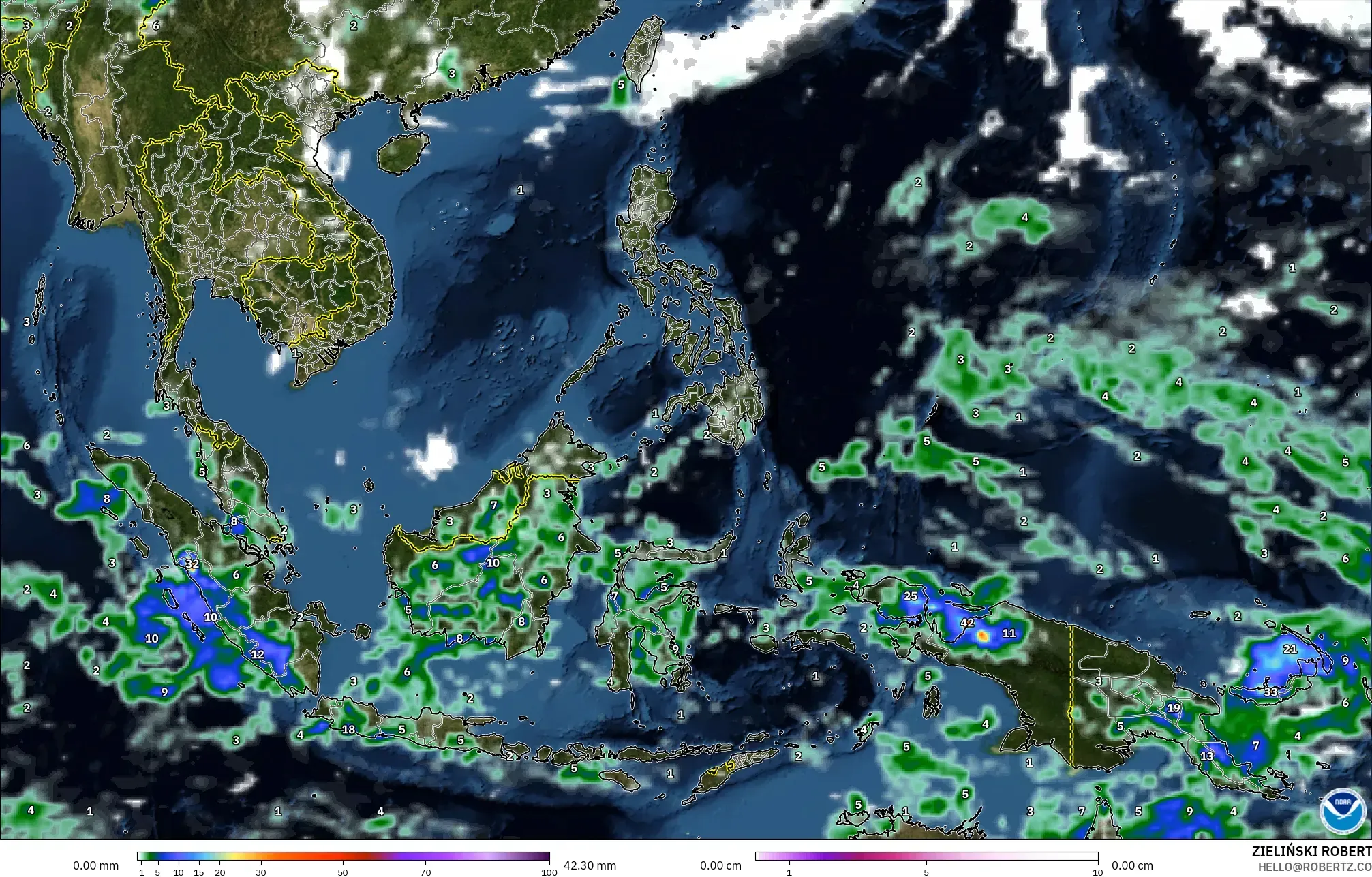 GFS modelo - Sudeste Asiático, Precipitación, nubes y presión