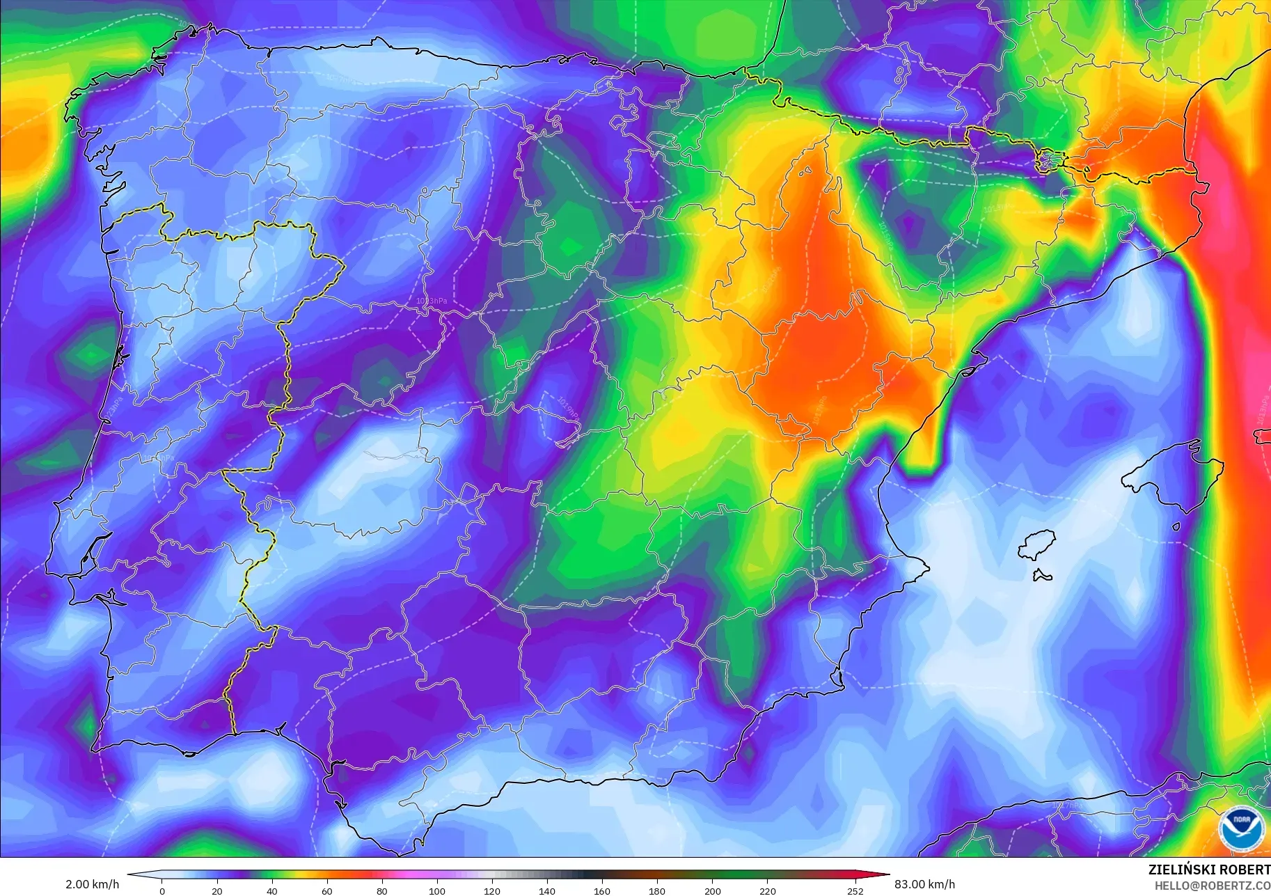 GFS modelo - España, Ráfagas de Viento Máximas