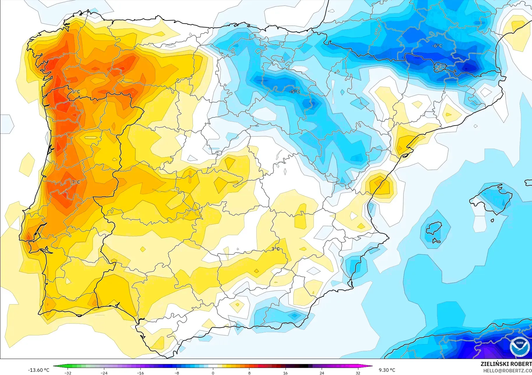 GFS modelo - España, Anomalía de temperatura a 2 m