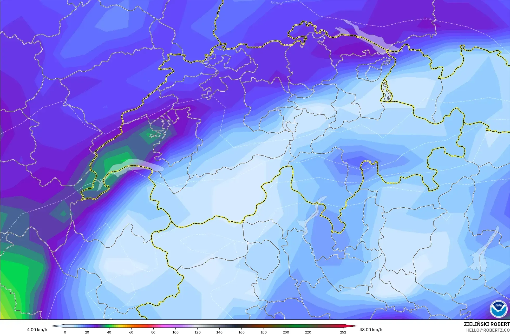 GFS modelo - Suiza, Ráfagas de Viento Máximas