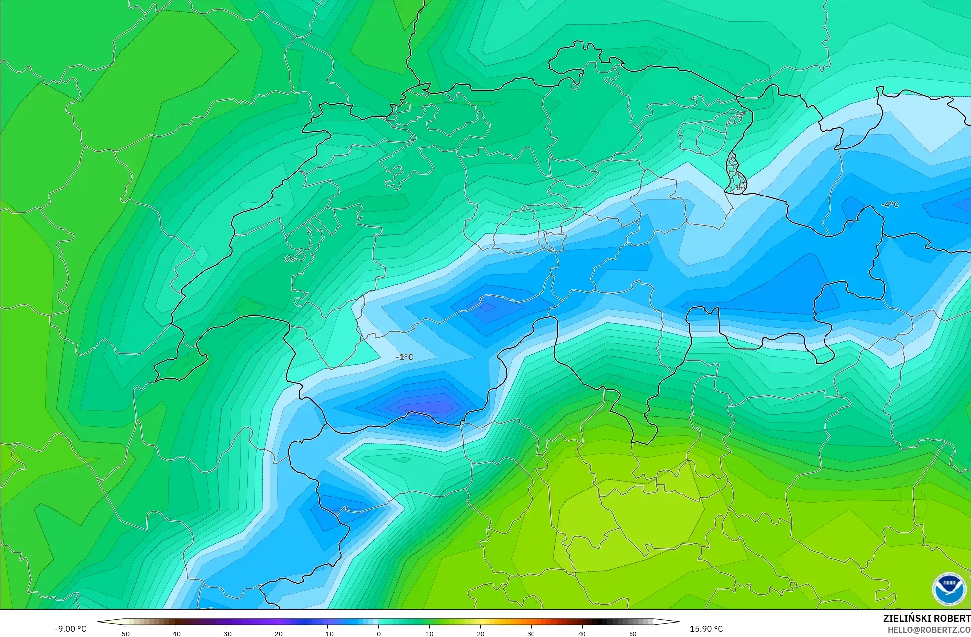 GFS modelo - Suiza, Temperatura a 2 m