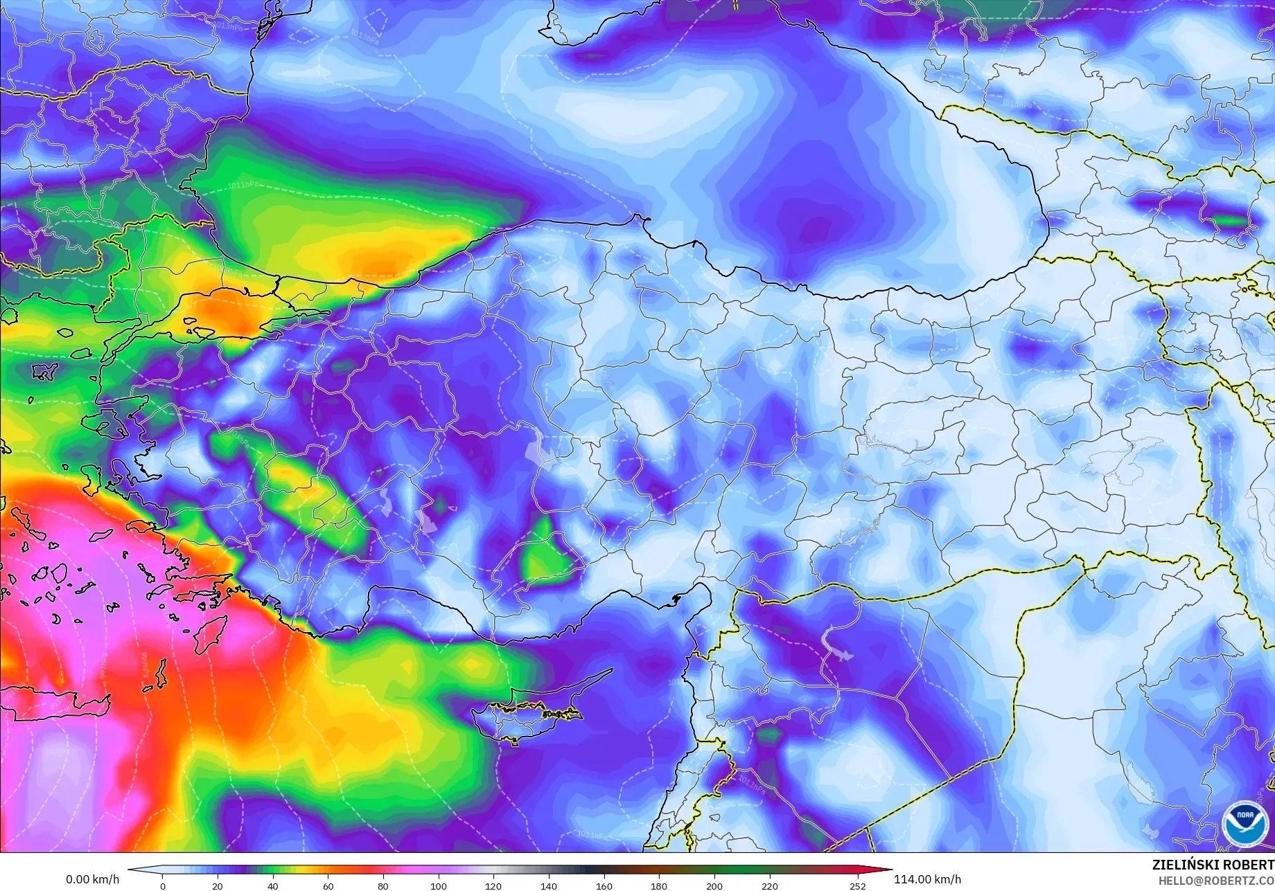 GFS modelo - Turquía, Ráfagas de Viento Máximas