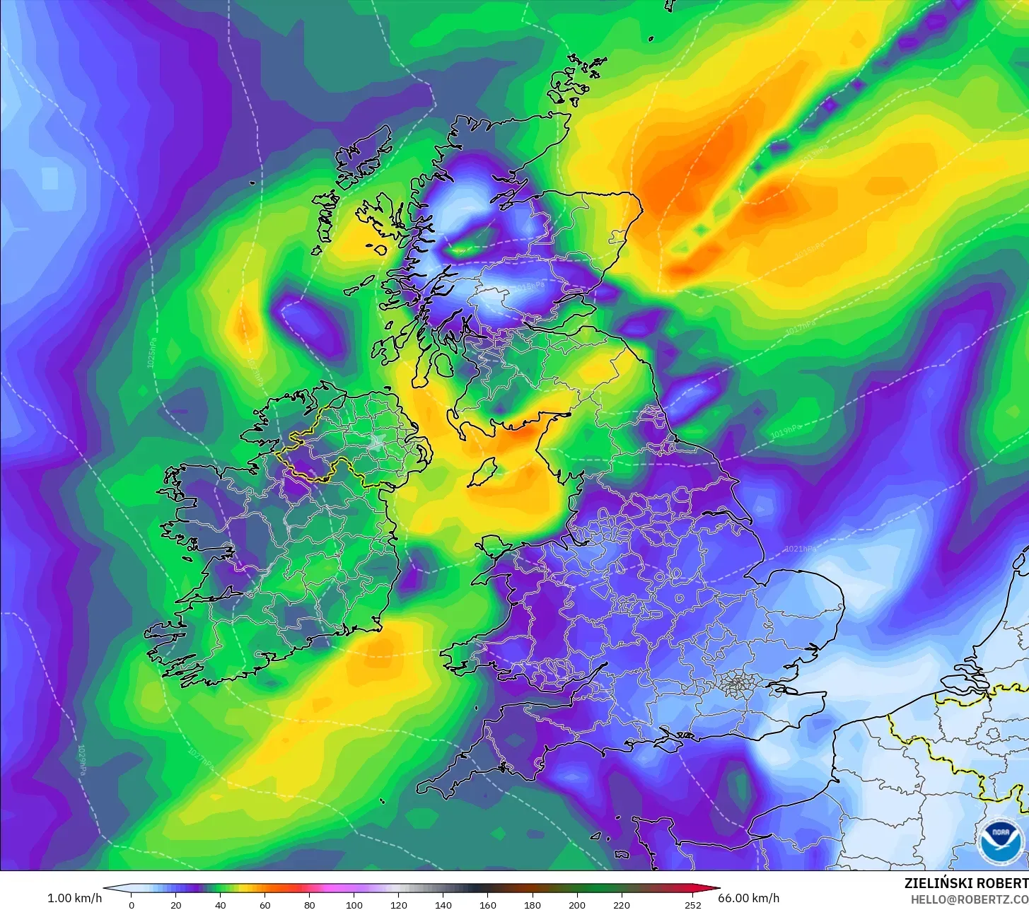 GFS modelo - Reino Unido, Ráfagas de Viento Máximas