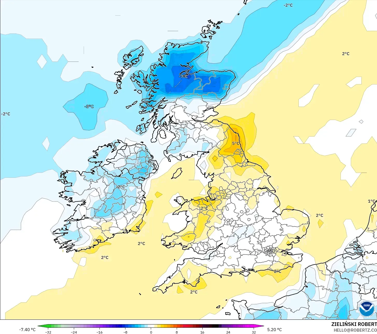 GFS modelo - Reino Unido, Anomalía de temperatura a 2 m