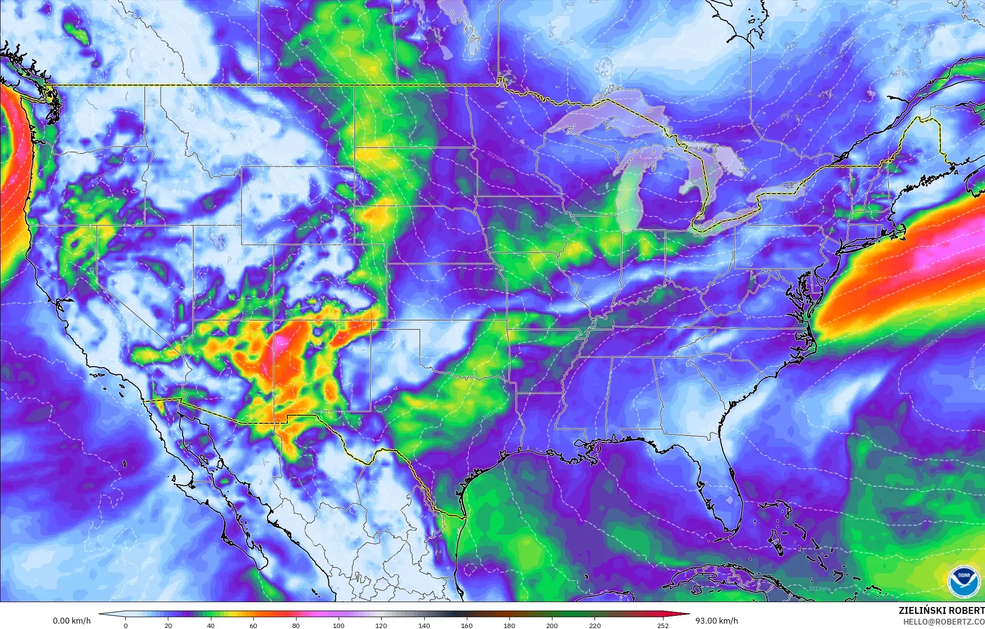 GFS modelo - Estados Unidos, Ráfagas de Viento Máximas