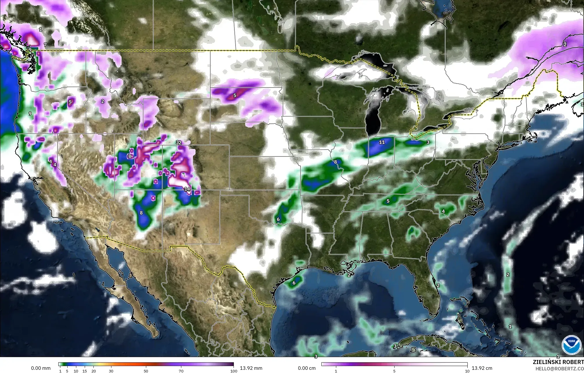 GFS modelo - Estados Unidos, Precipitación, nubes y presión